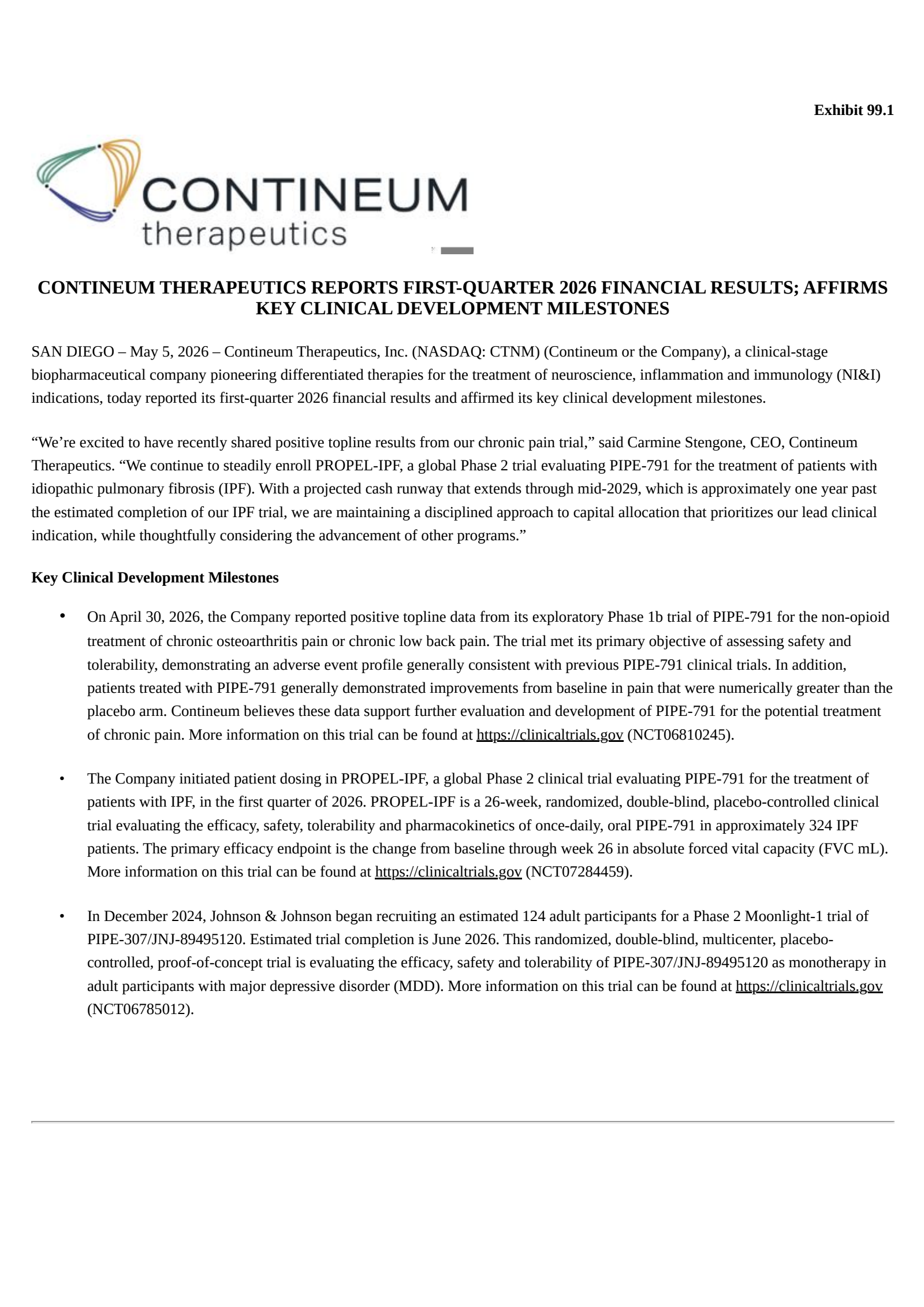 Contineum Therapeutics' Q1 2026 Press Release