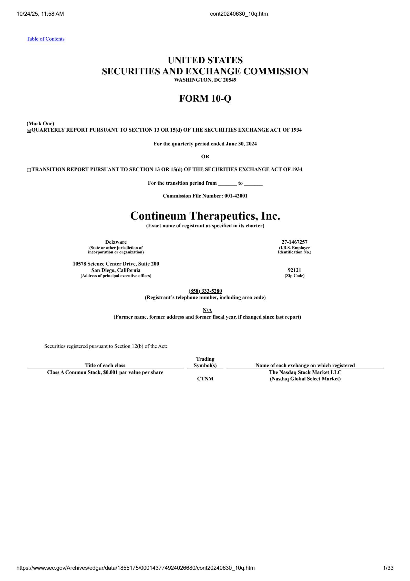 Contineum Therapeutics' Q2 2024 Quarterly Report