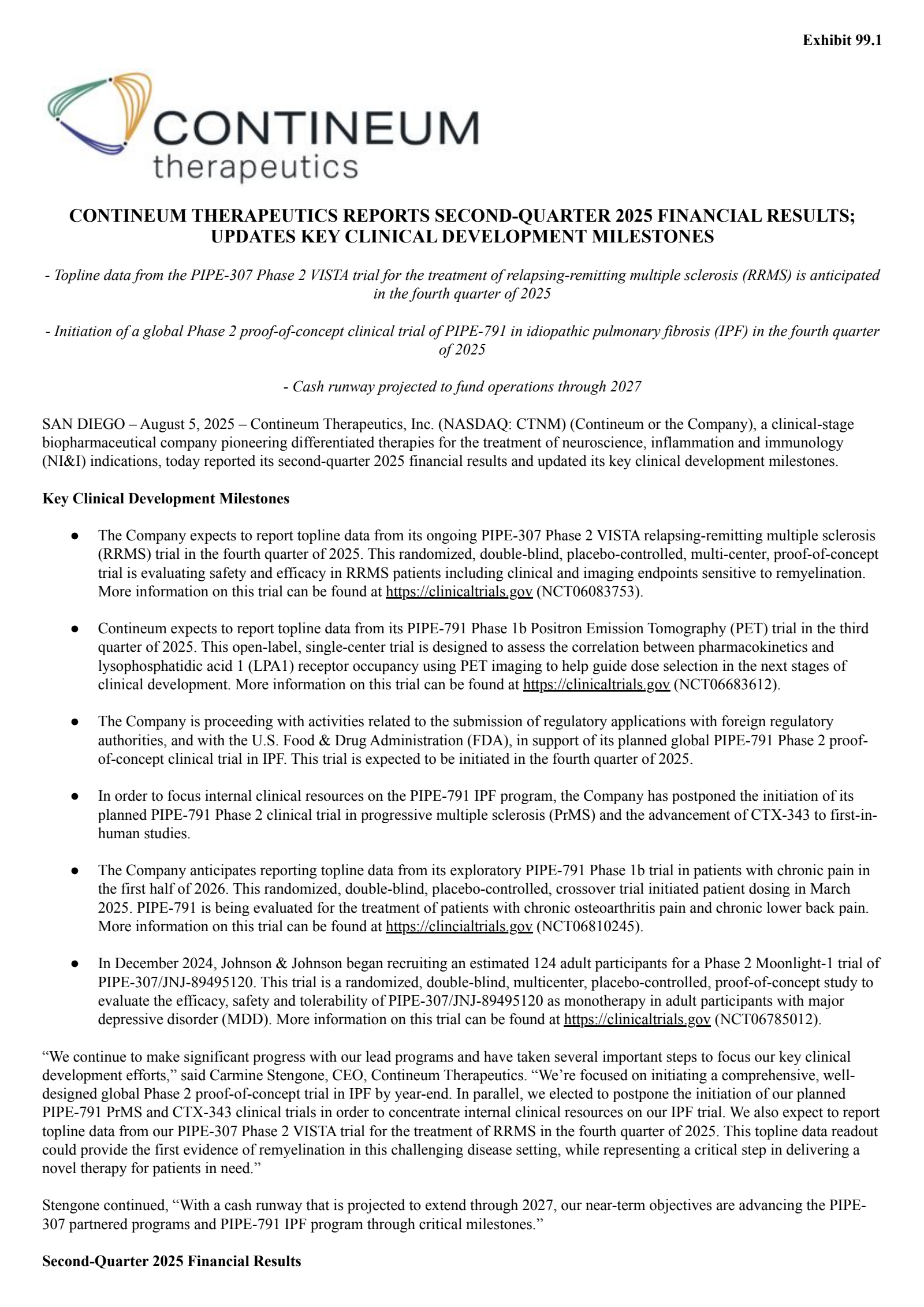 Contineum Therapeutics' Q2 2025 Press Release