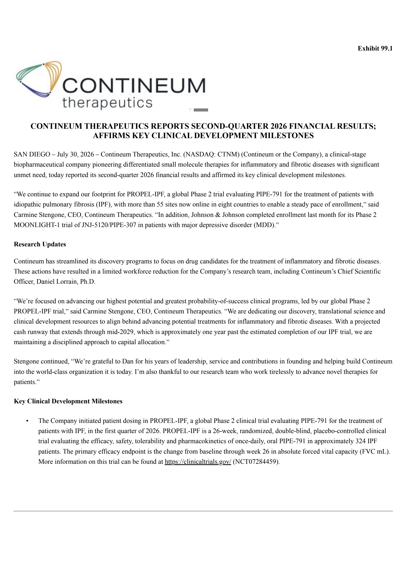 Contineum Therapeutics' Q2 2026 Press Release