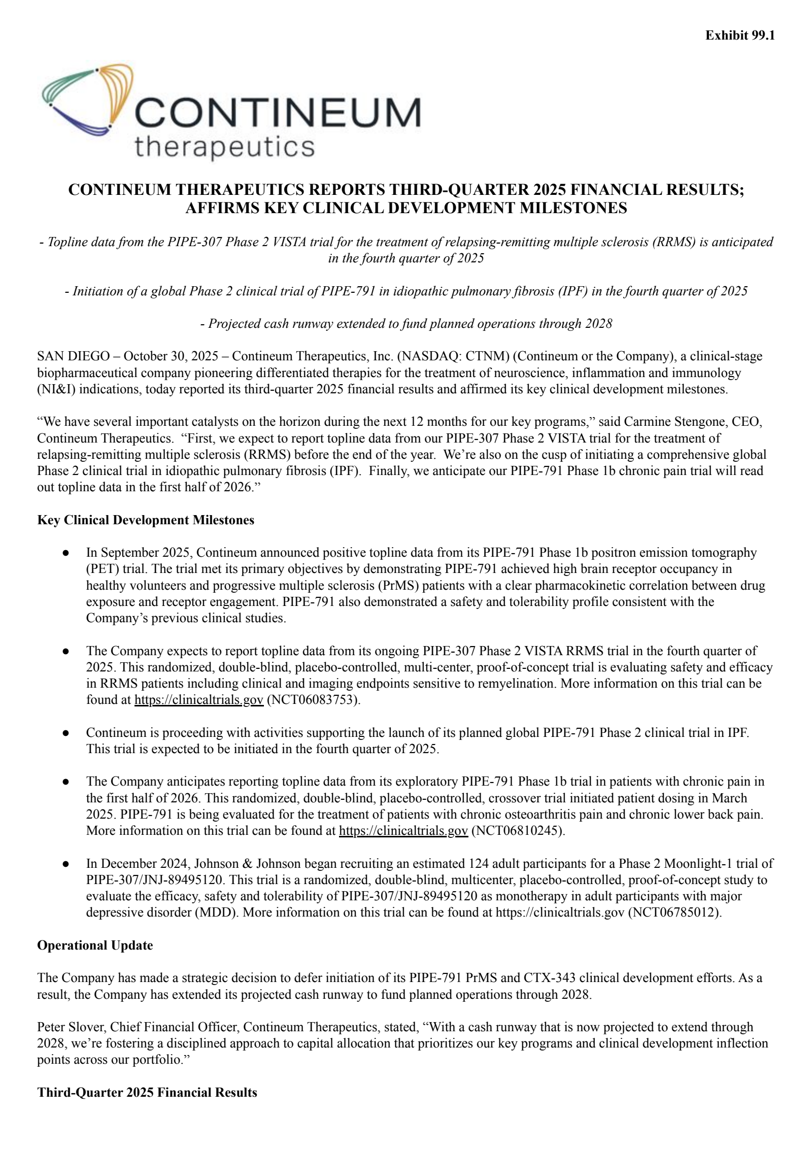Contineum Therapeutics' Q3 2025 Earnings Release