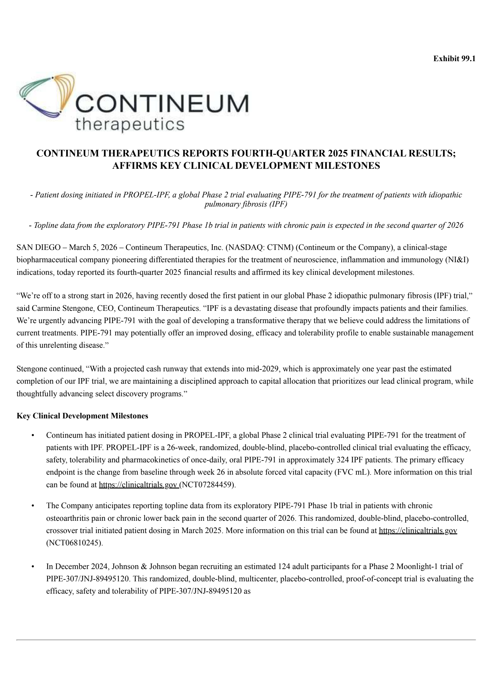 Contineum Therapeutics' Q4 2025 Press Release