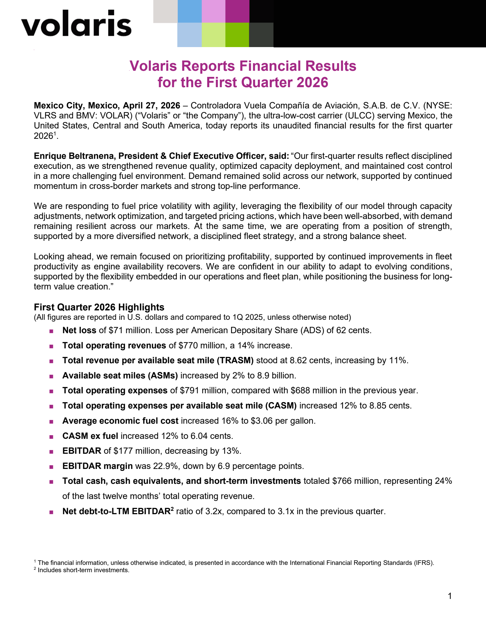 Controladora Vuela Compania de Aviacion's Q1 2026 Press Release