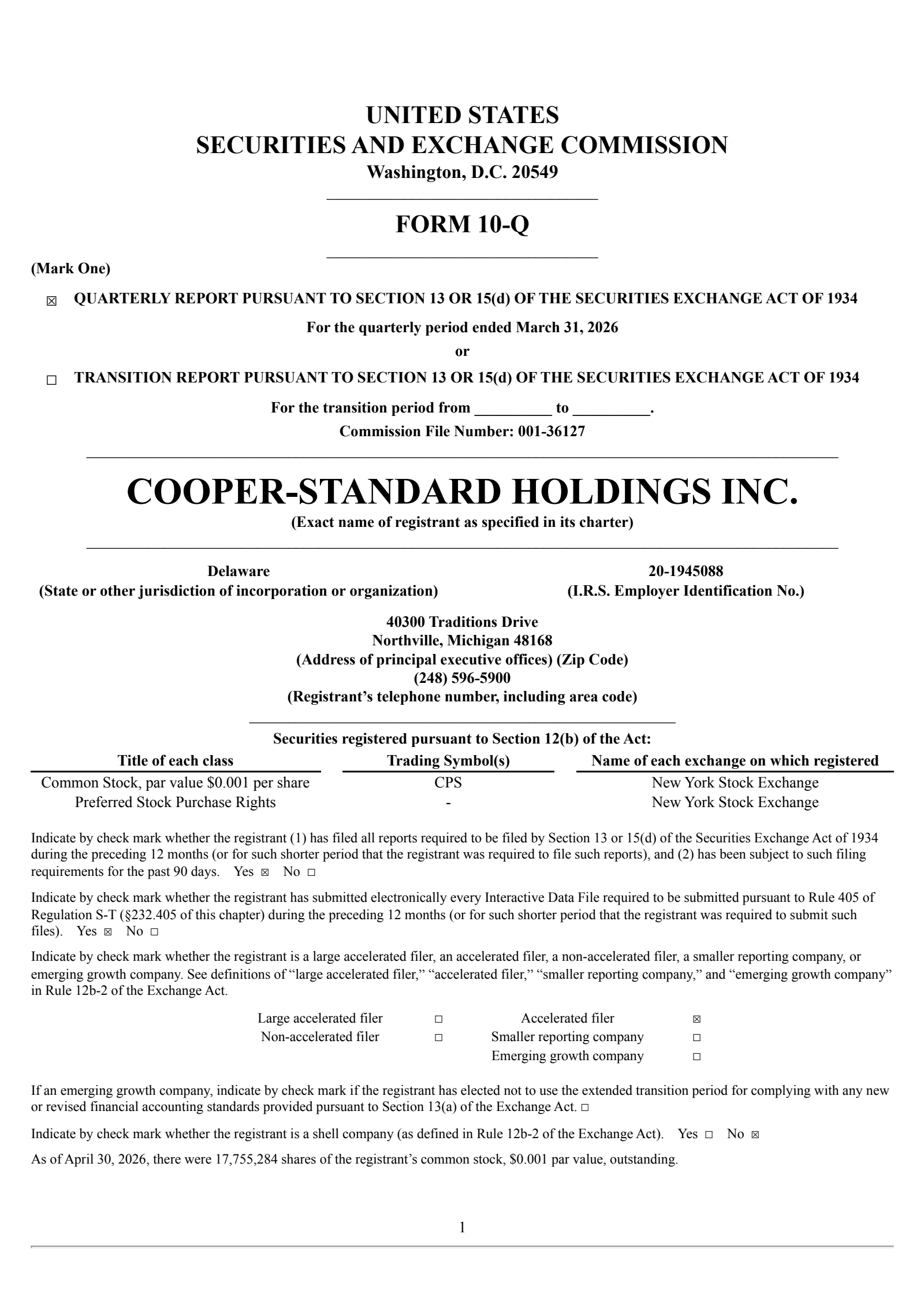 Cooper-Standard's Q1 2026 Quarterly report
