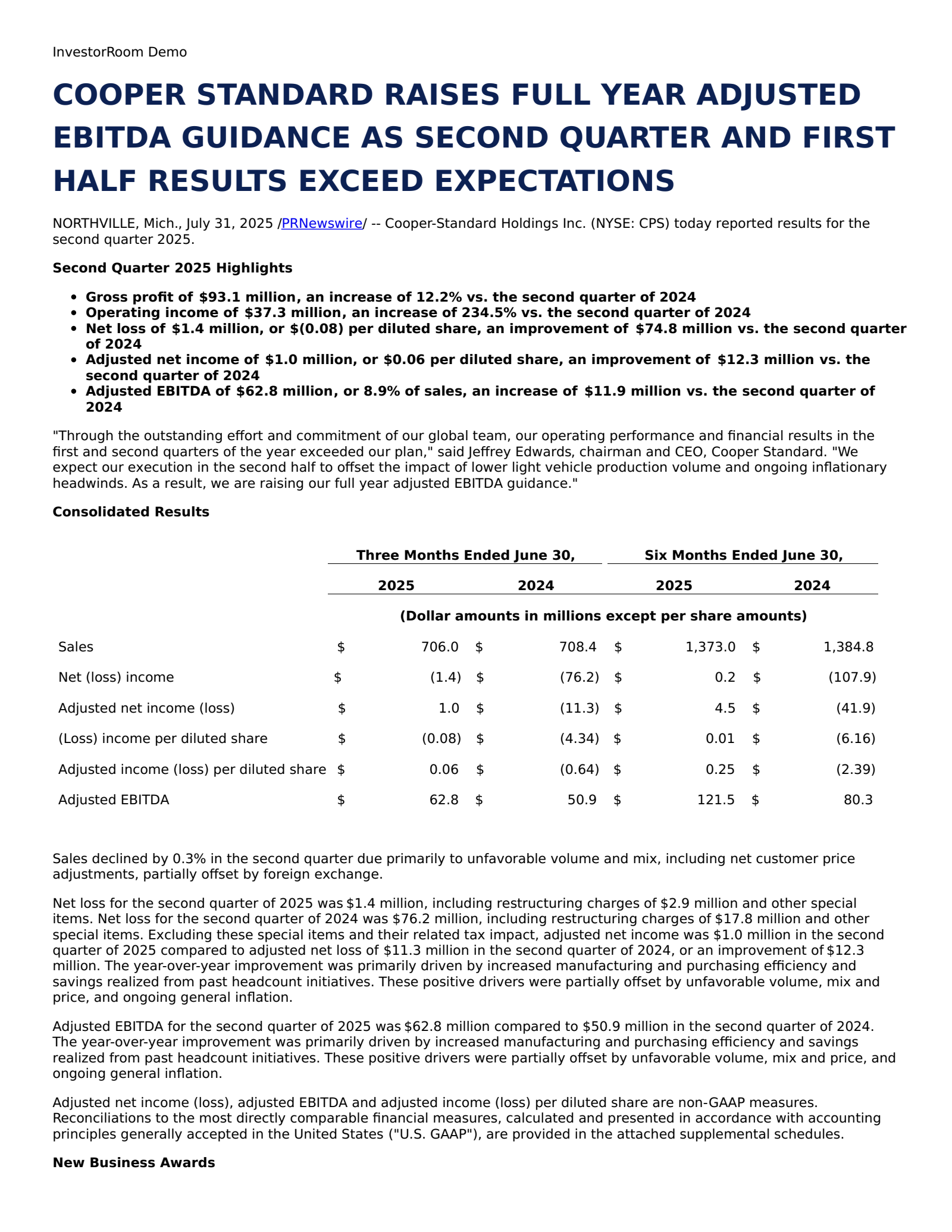 Cooper-Standard's Q2 2025 Press Release