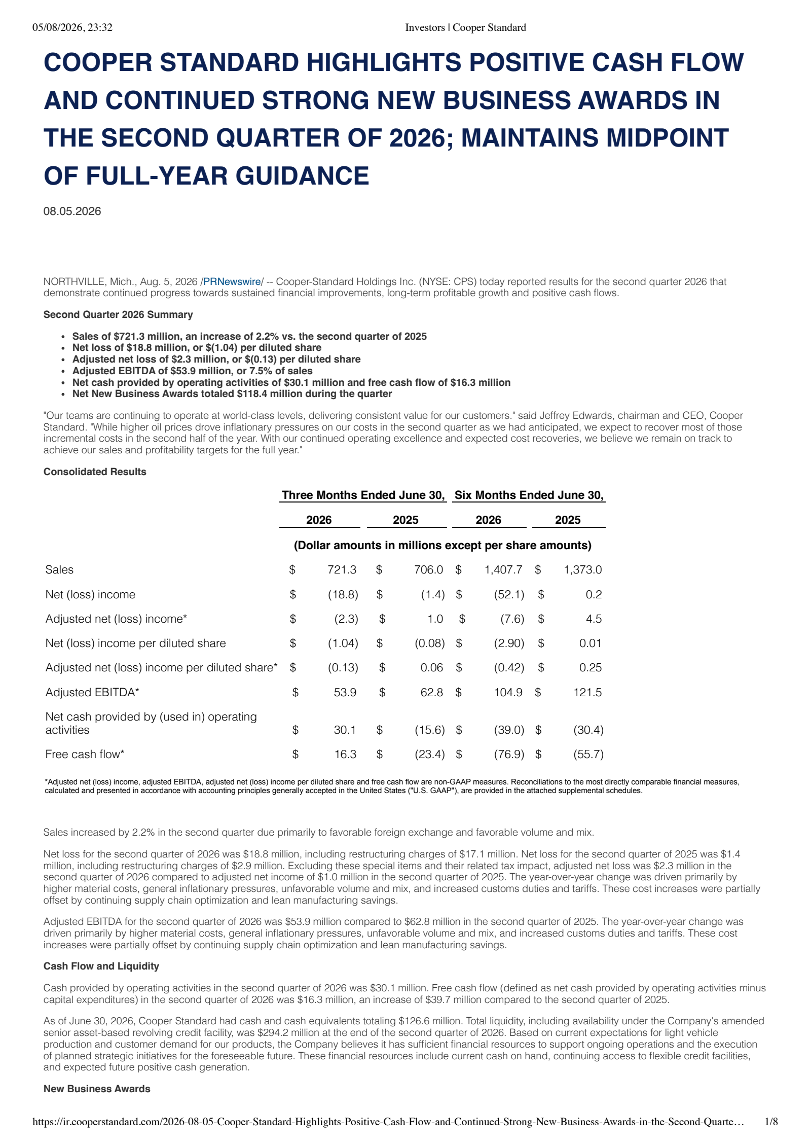 Cooper-Standard's Q2 2026 Press Release