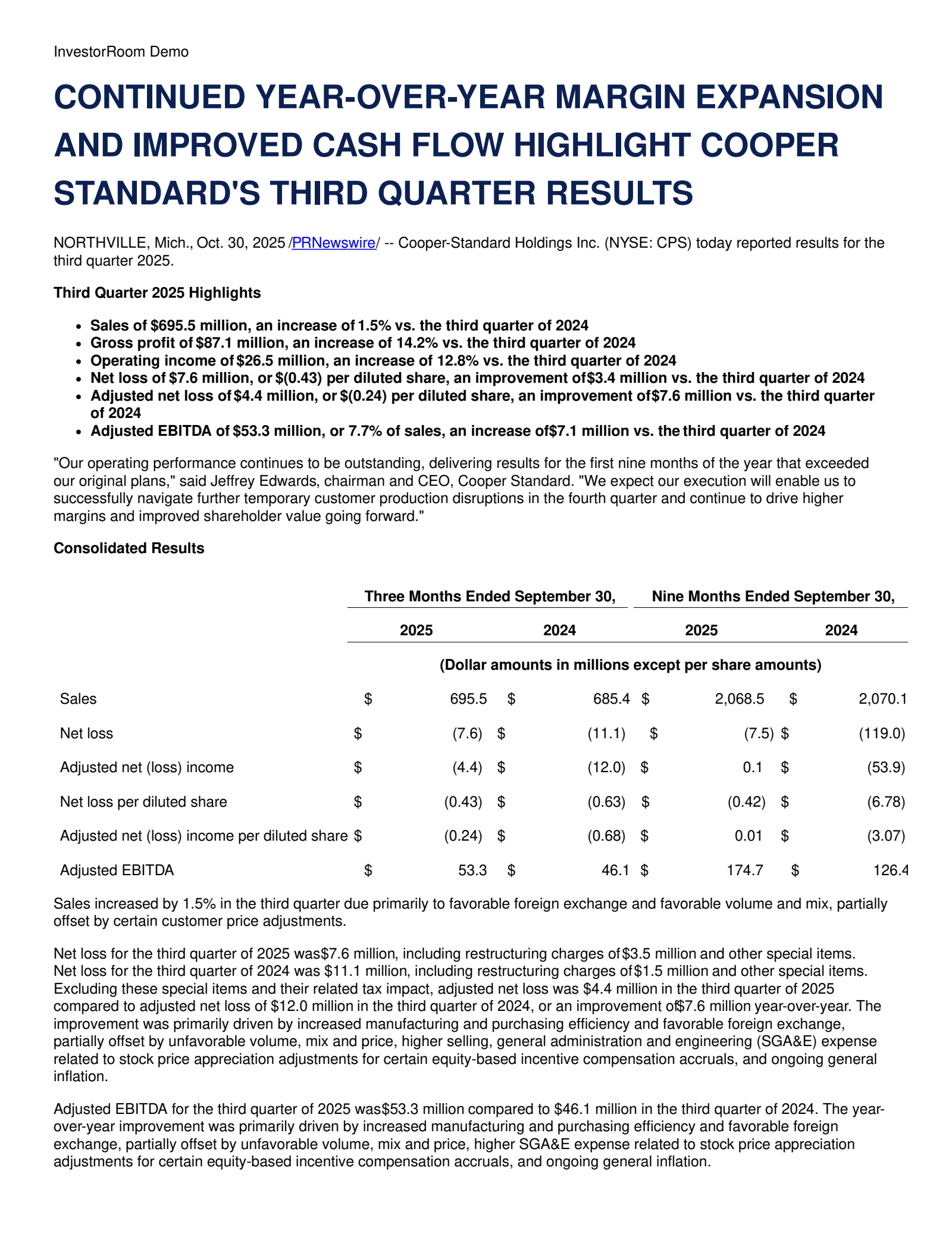 Cooper-Standard's Q3 2025 Earnings Release