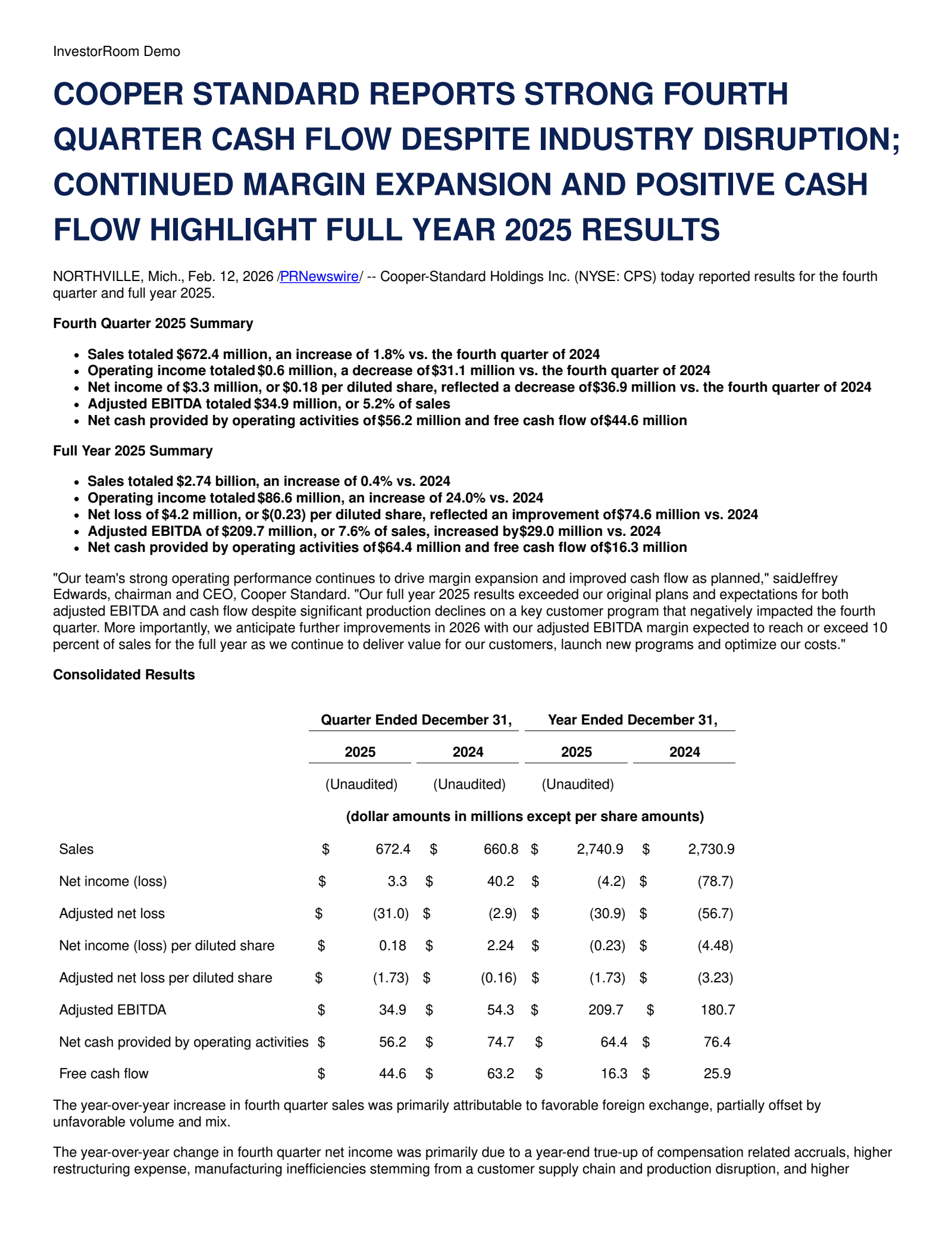 Cooper-Standard's Q4 2025 Press Release