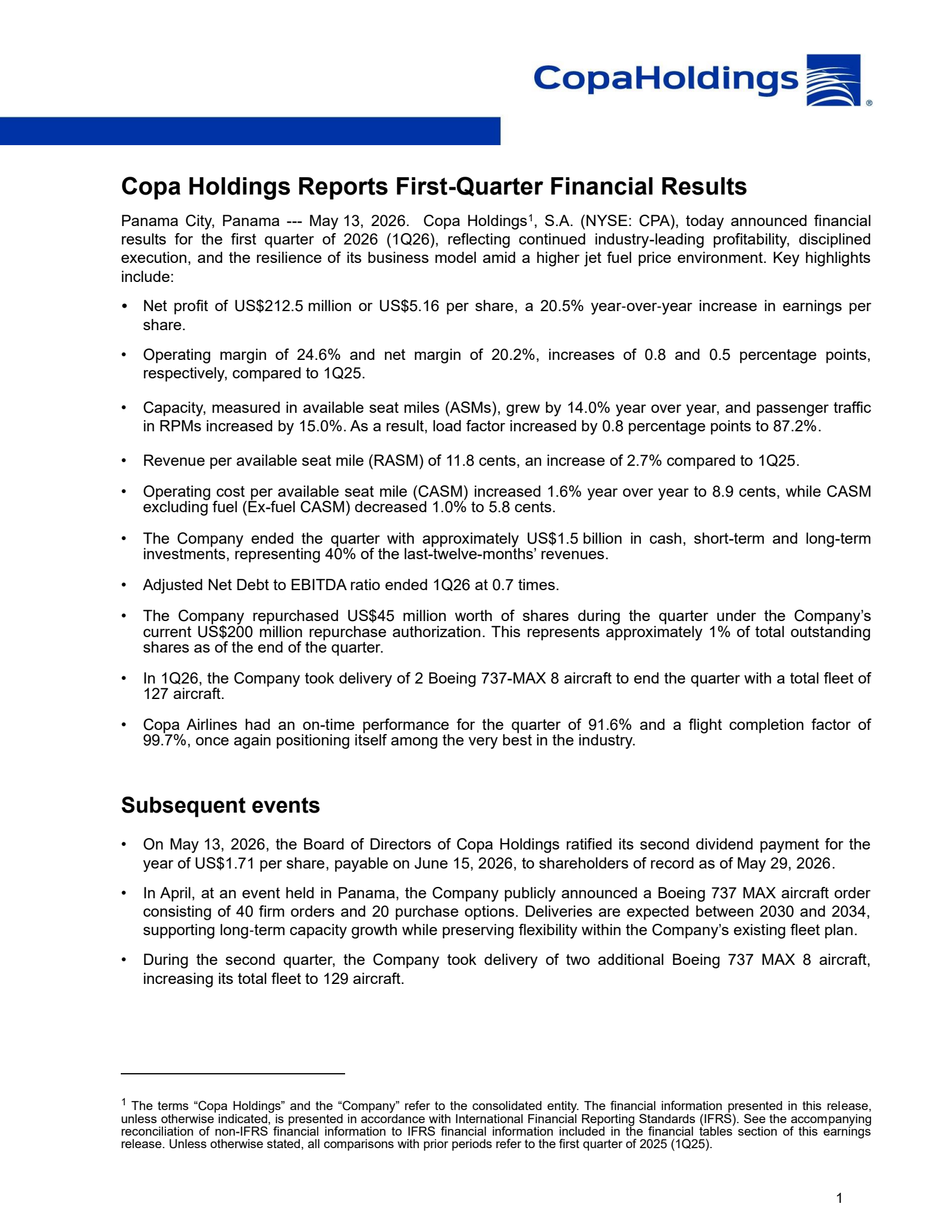 Copa's Q1 2026 Press Release