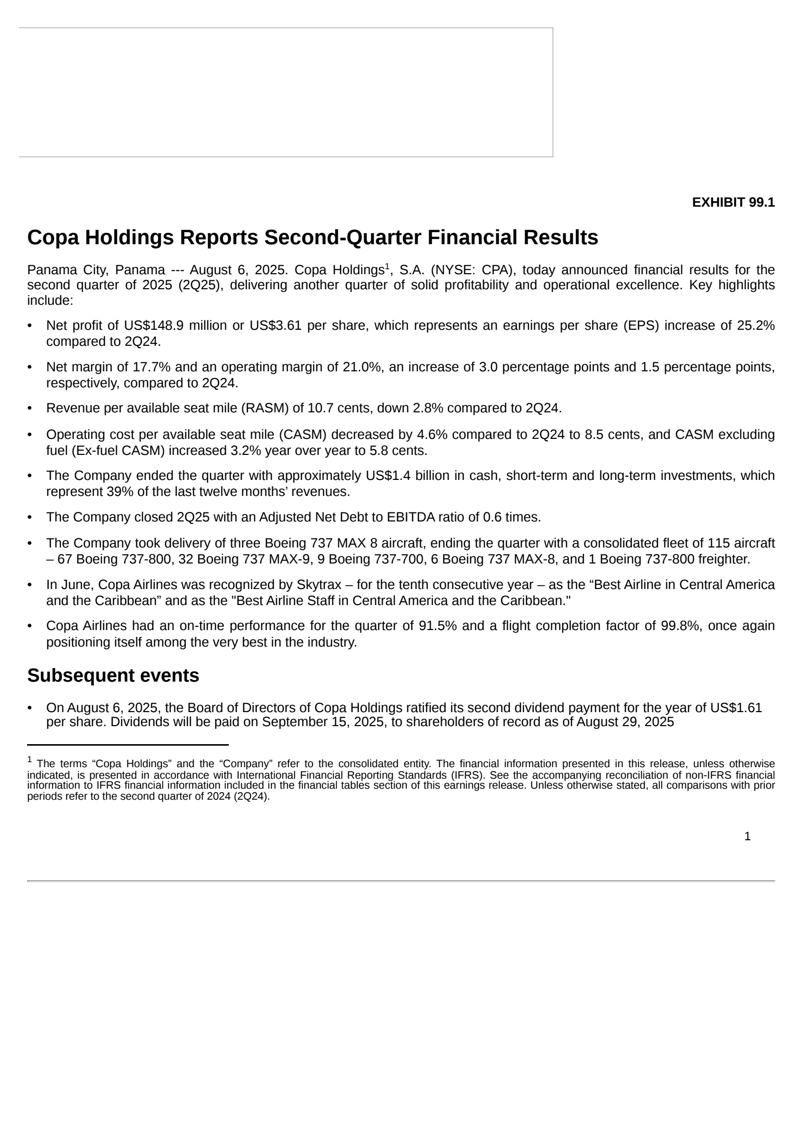 Copa's Q2 2025 Press Release