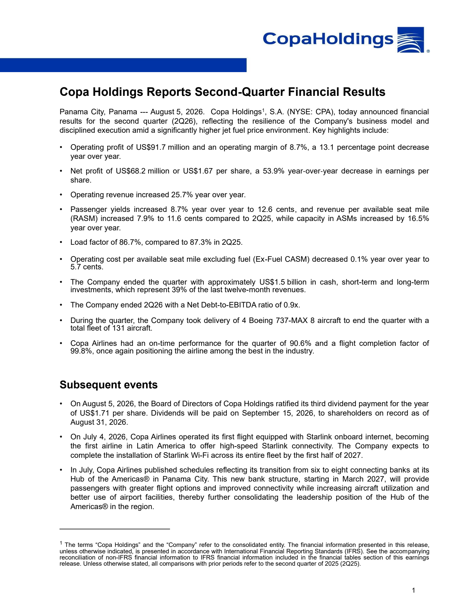 Copa's Q2 2026 Press Release