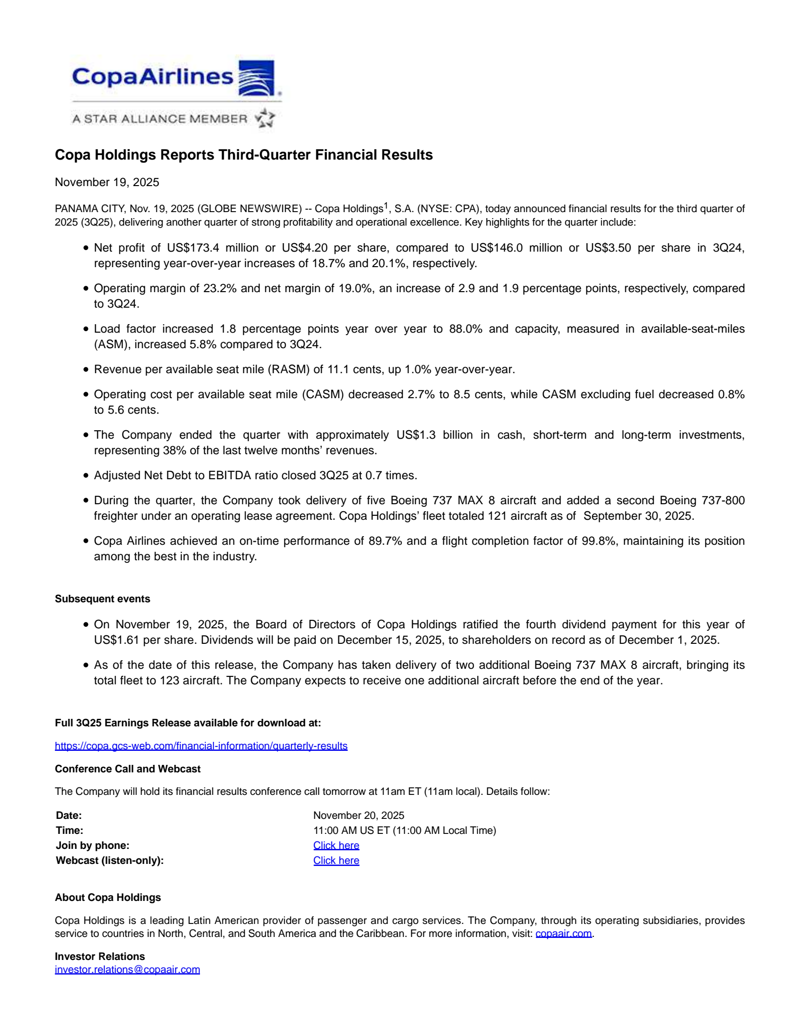 Copa's Q3 2025 Earnings Release