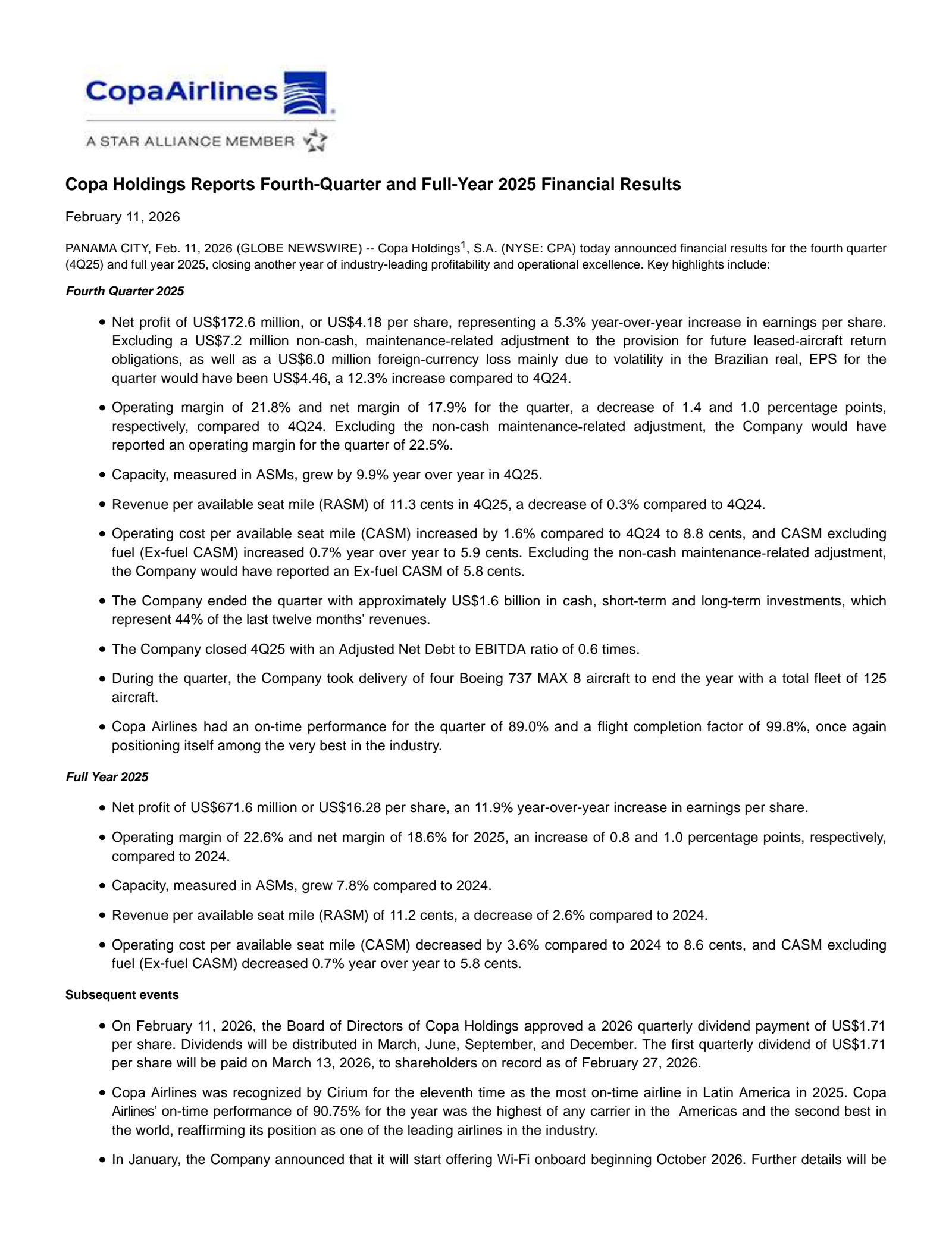 Copa's Q4 2025 Press Release
