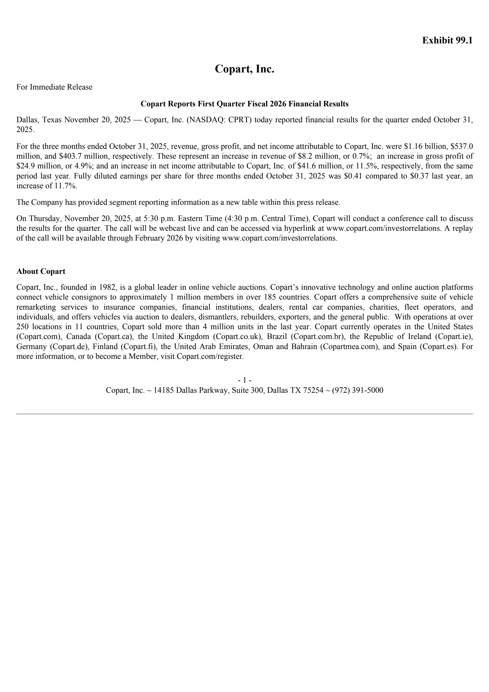 Copart's Q1 2026 Earnings Release