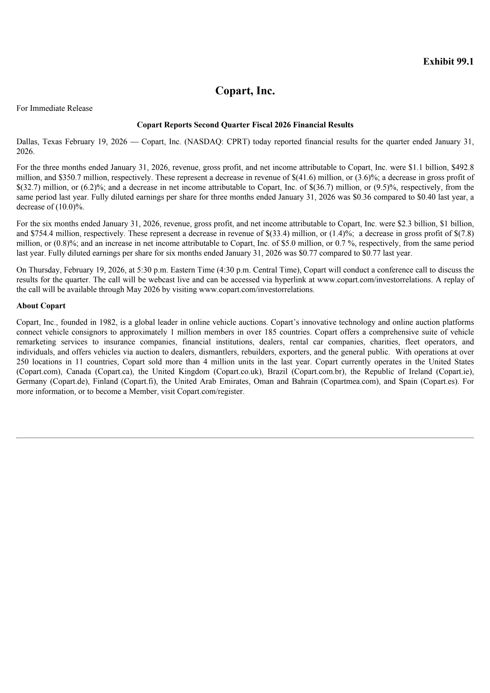 Copart's Q2 2026 Press Release