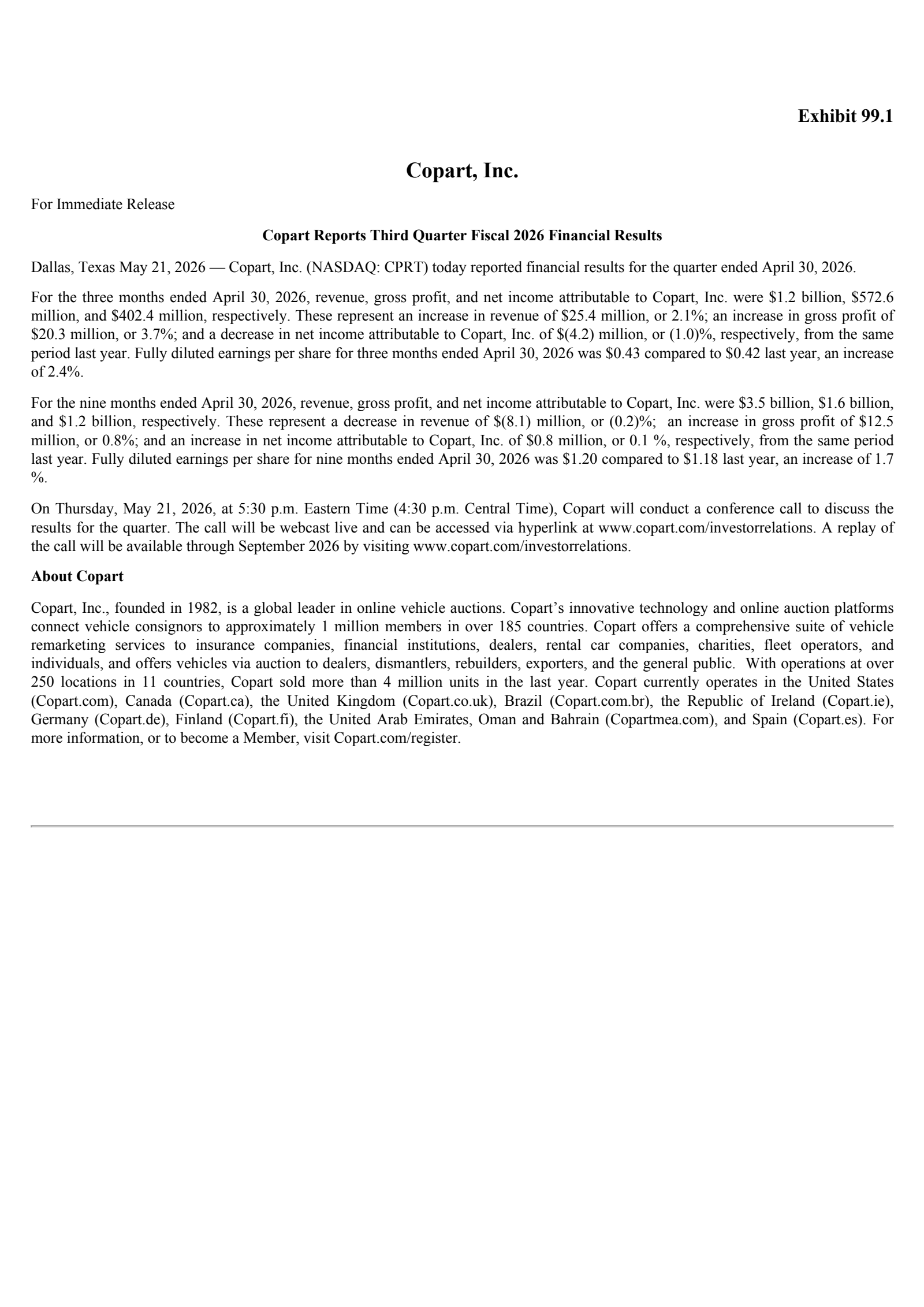 Copart's Q3 2026 Press Release