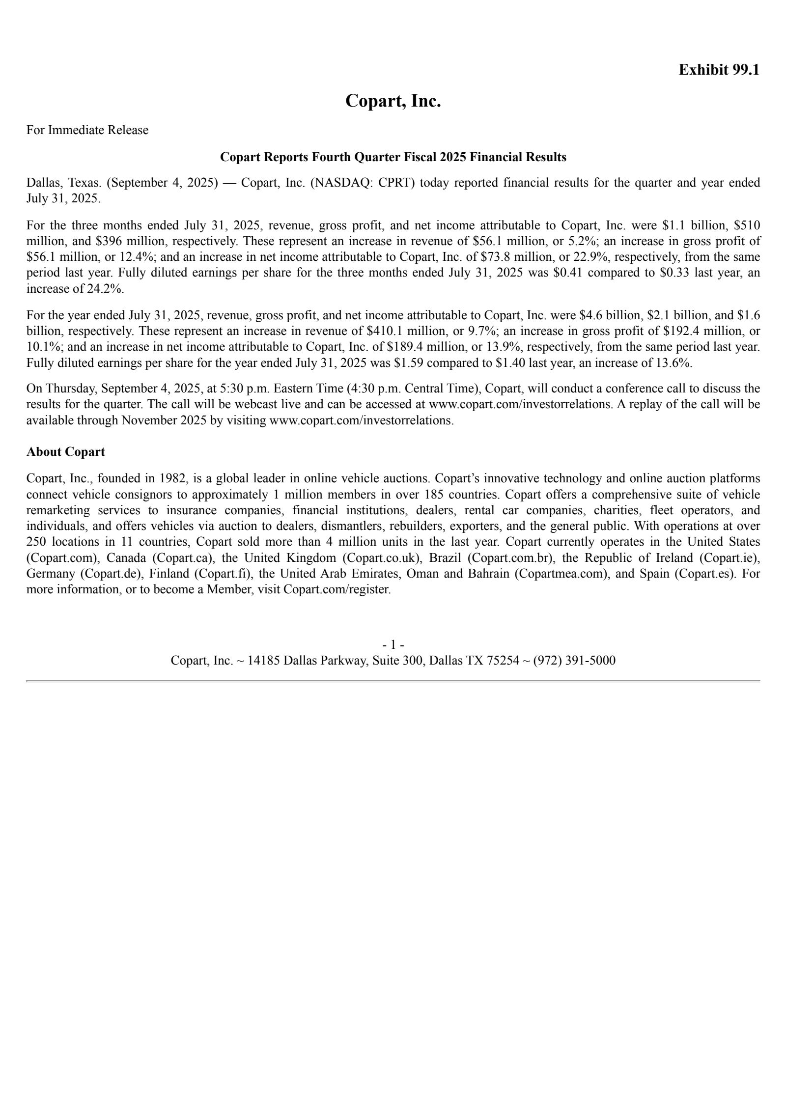 Copart's Q4 2025 Press Release