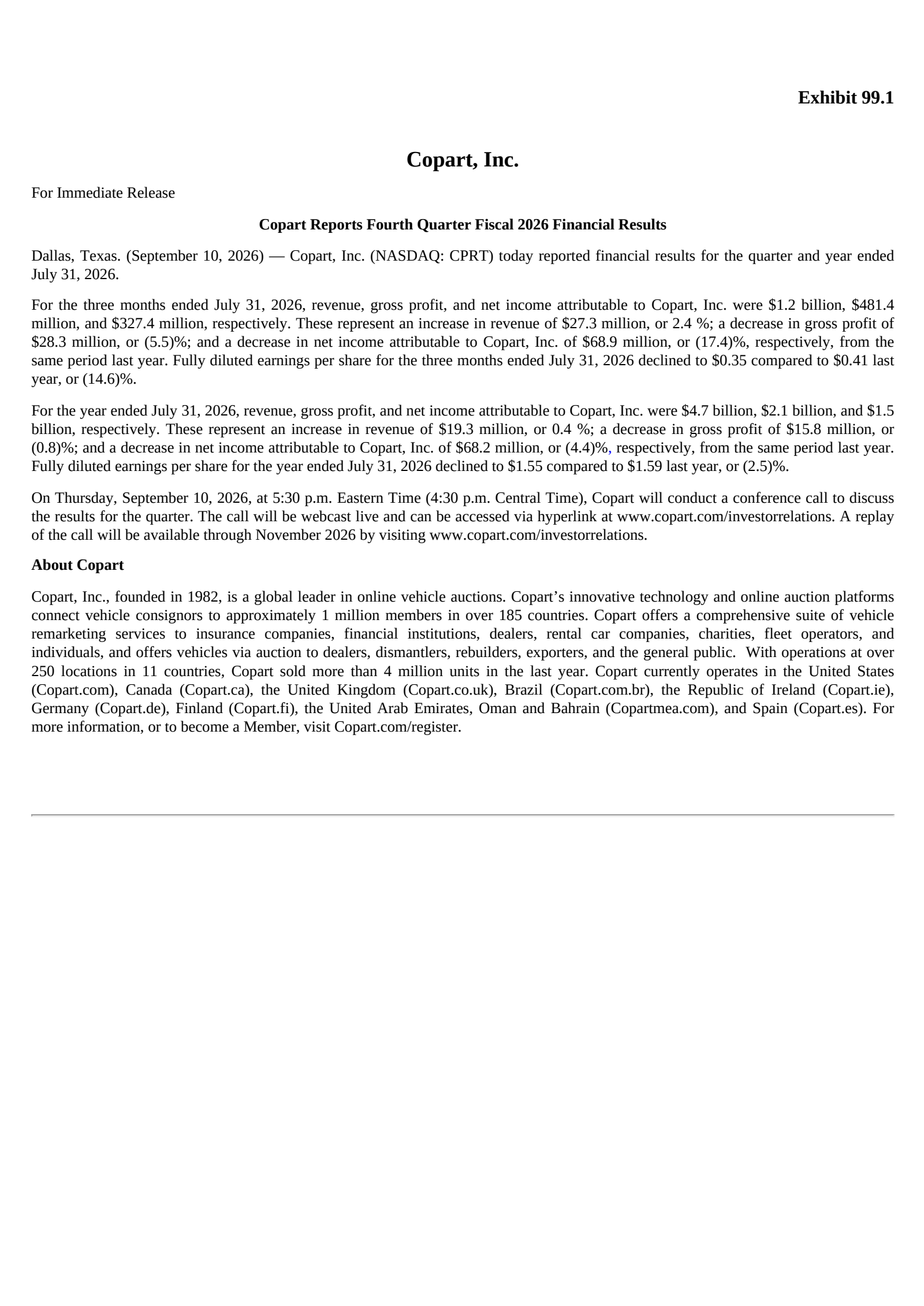 Copart's Q4 2026 Press Release
