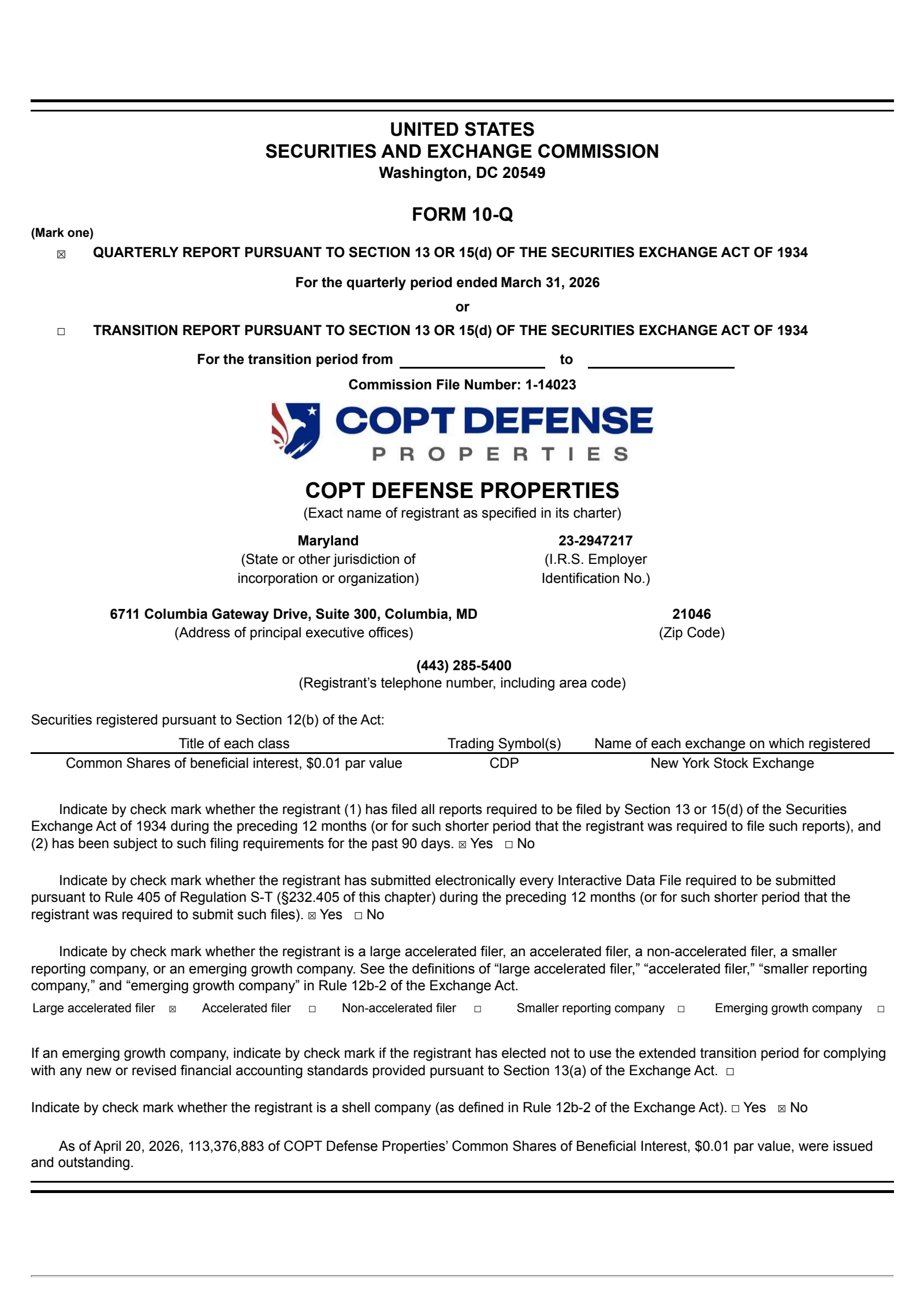 COPT Defense Properties' Q1 2026 Quarterly report
