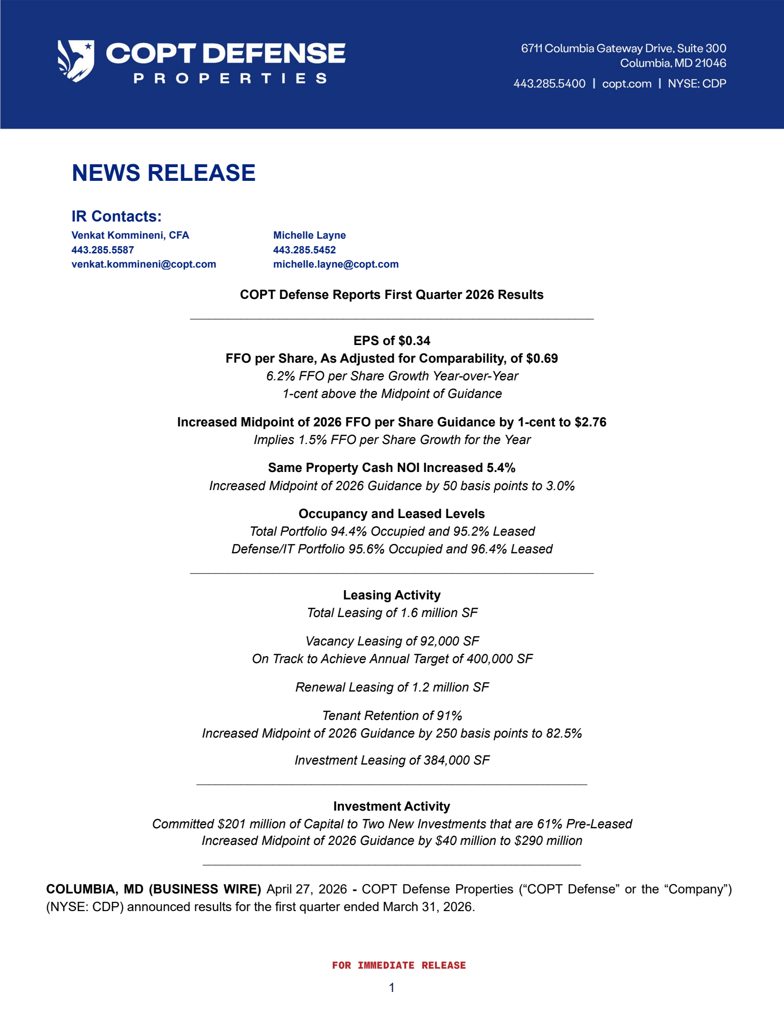 COPT Defense Properties' Q1 2026 Press Release