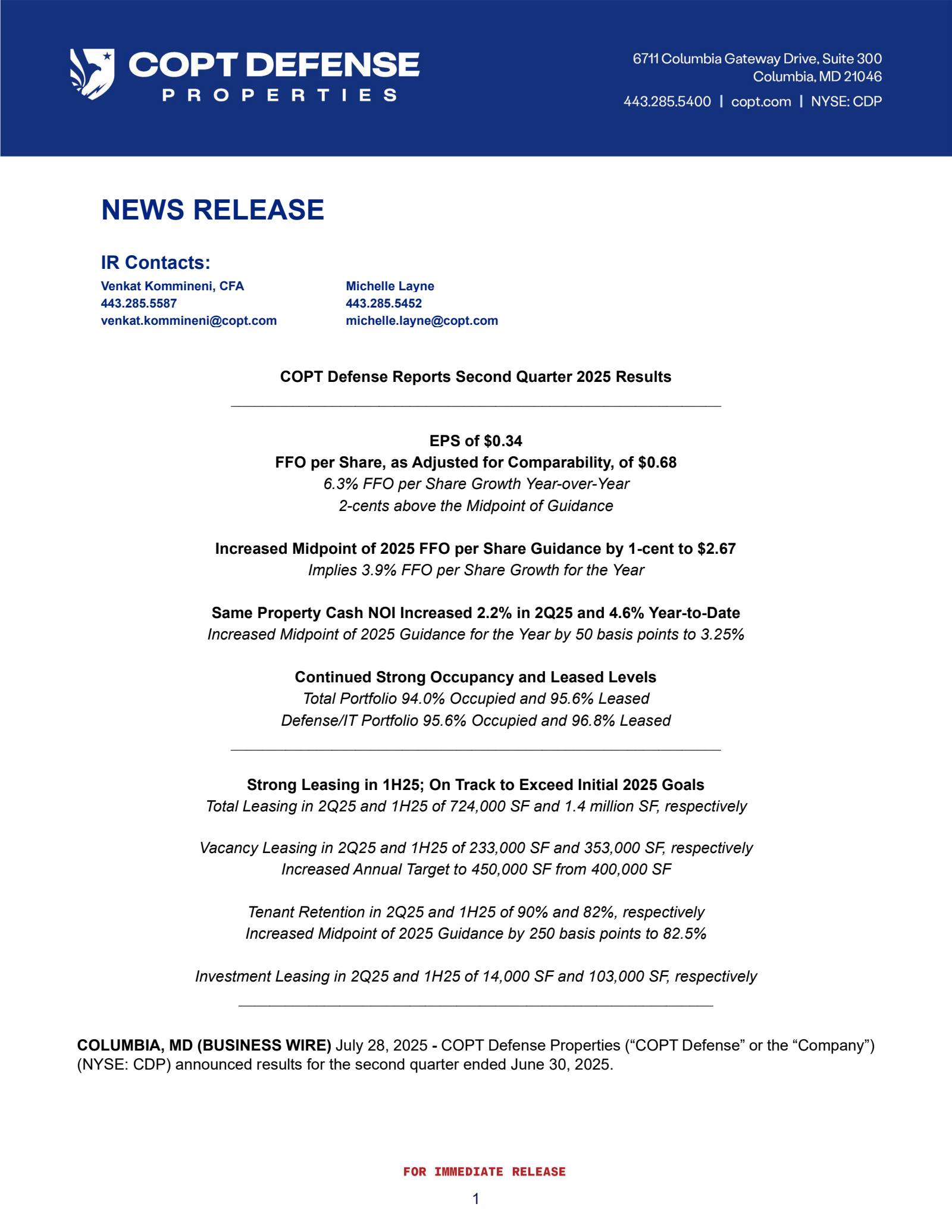 COPT Defense Properties' Q2 2025 Press Release