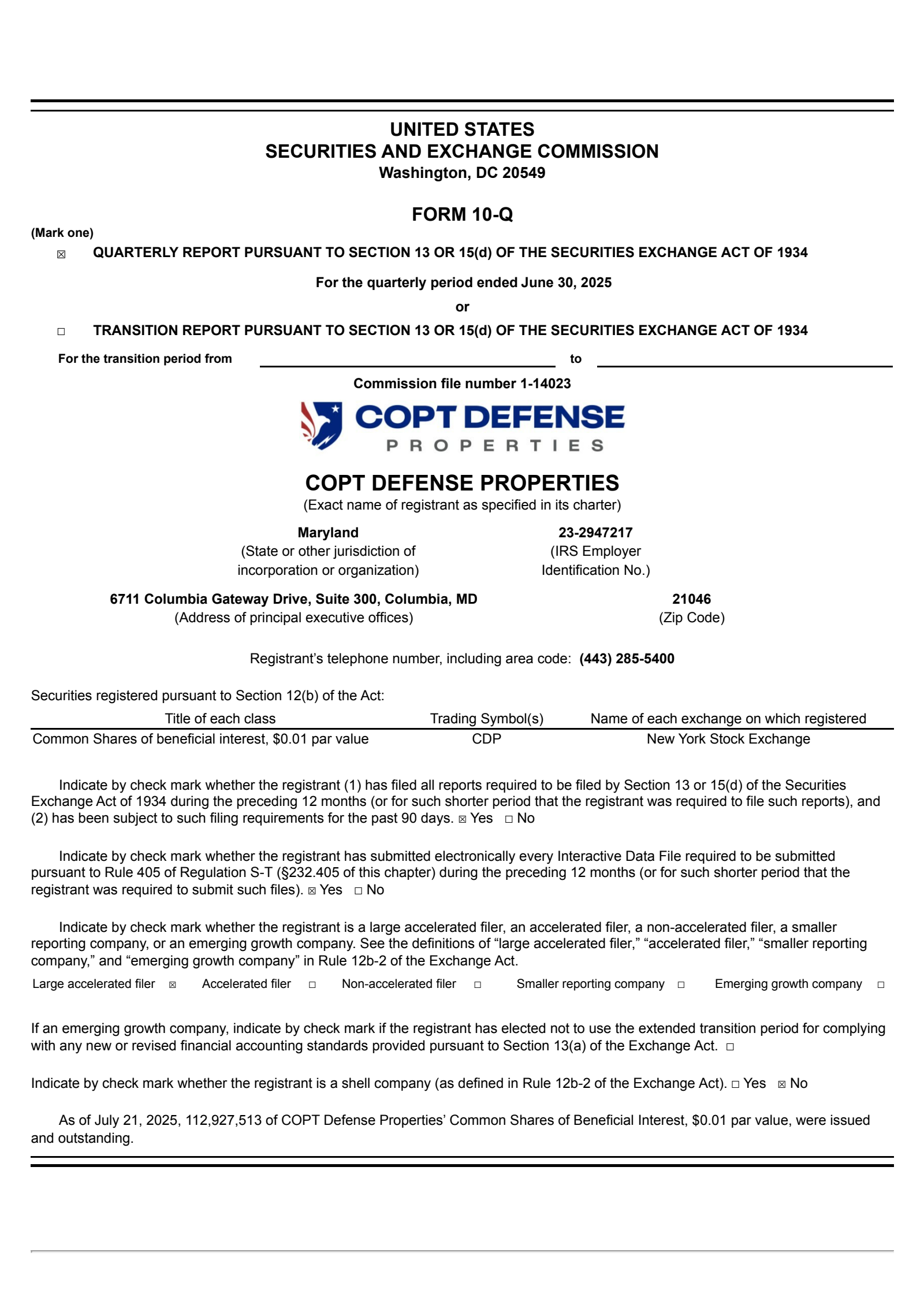 COPT Defense Properties' Q2 2025 Quarterly report
