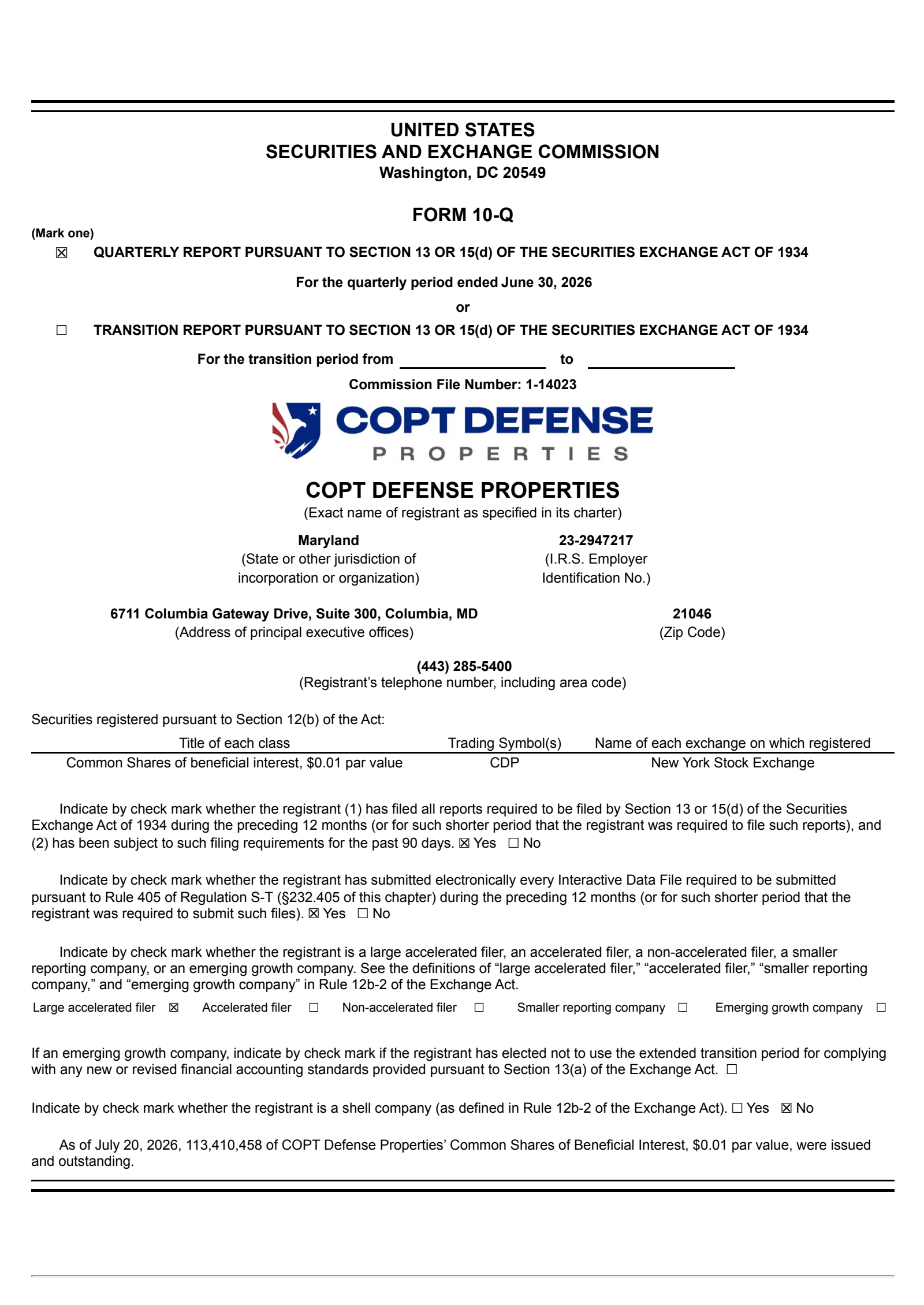 COPT Defense Properties' Q2 2026 Quarterly report