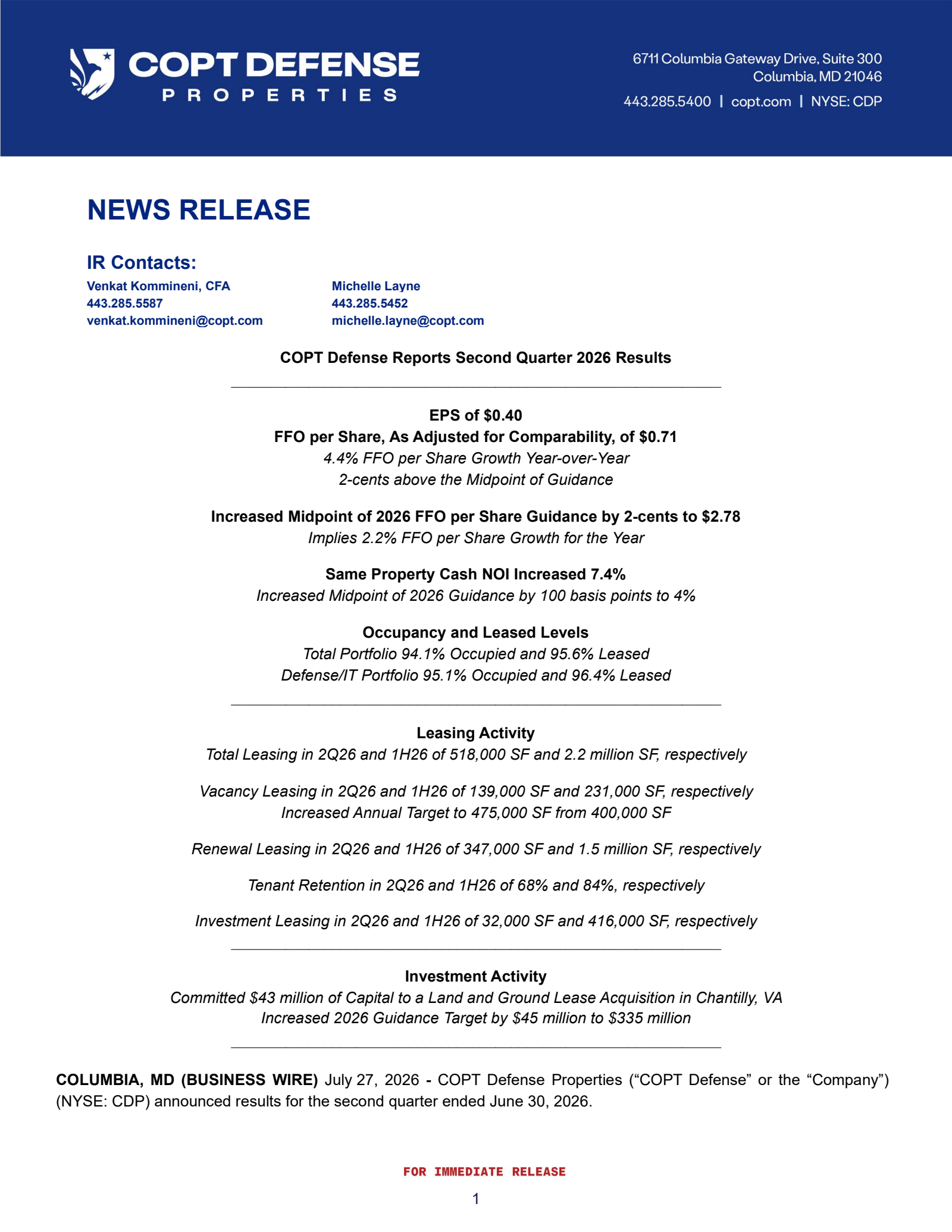 COPT Defense Properties' Q2 2026 Press Release