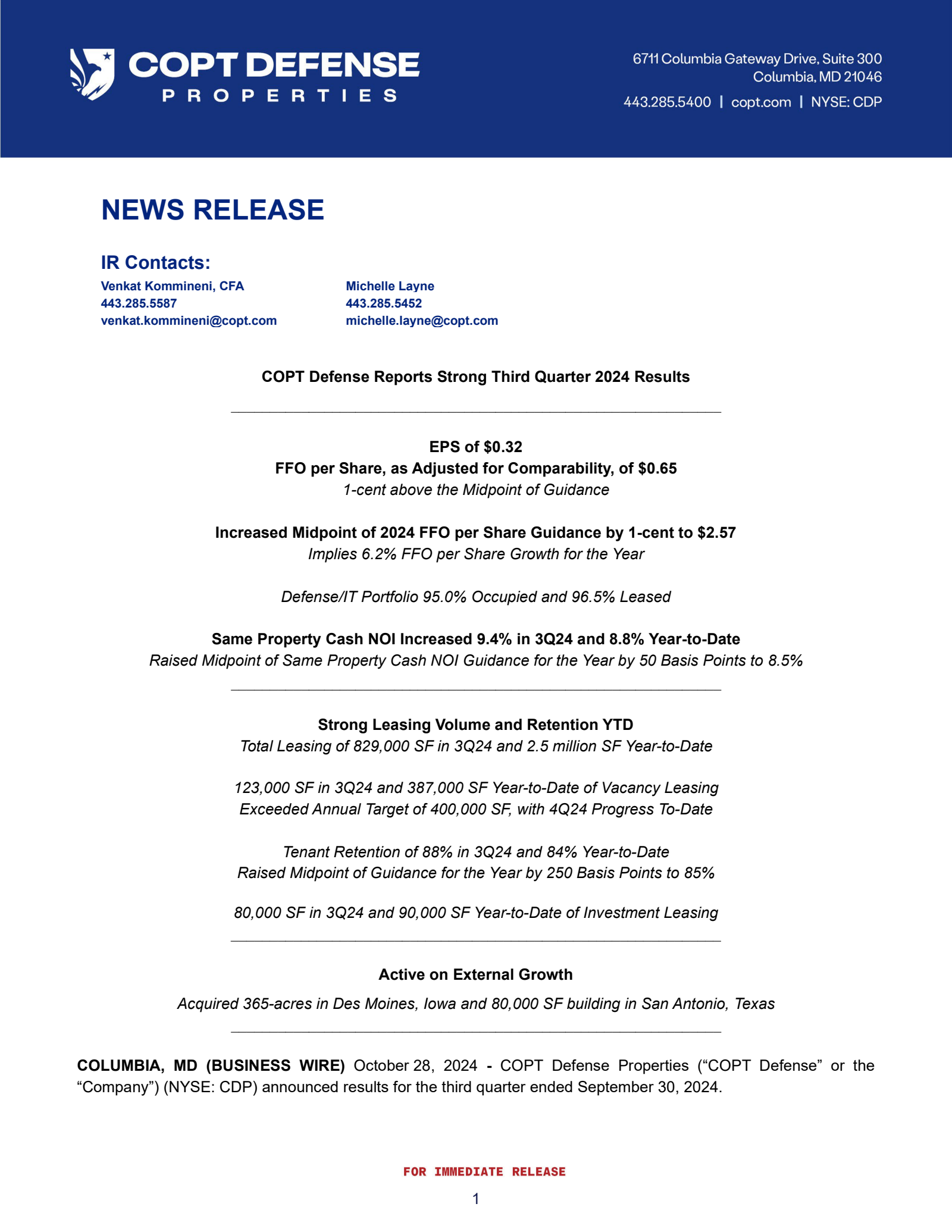 COPT Defense Properties' Q3 2024 Press Release