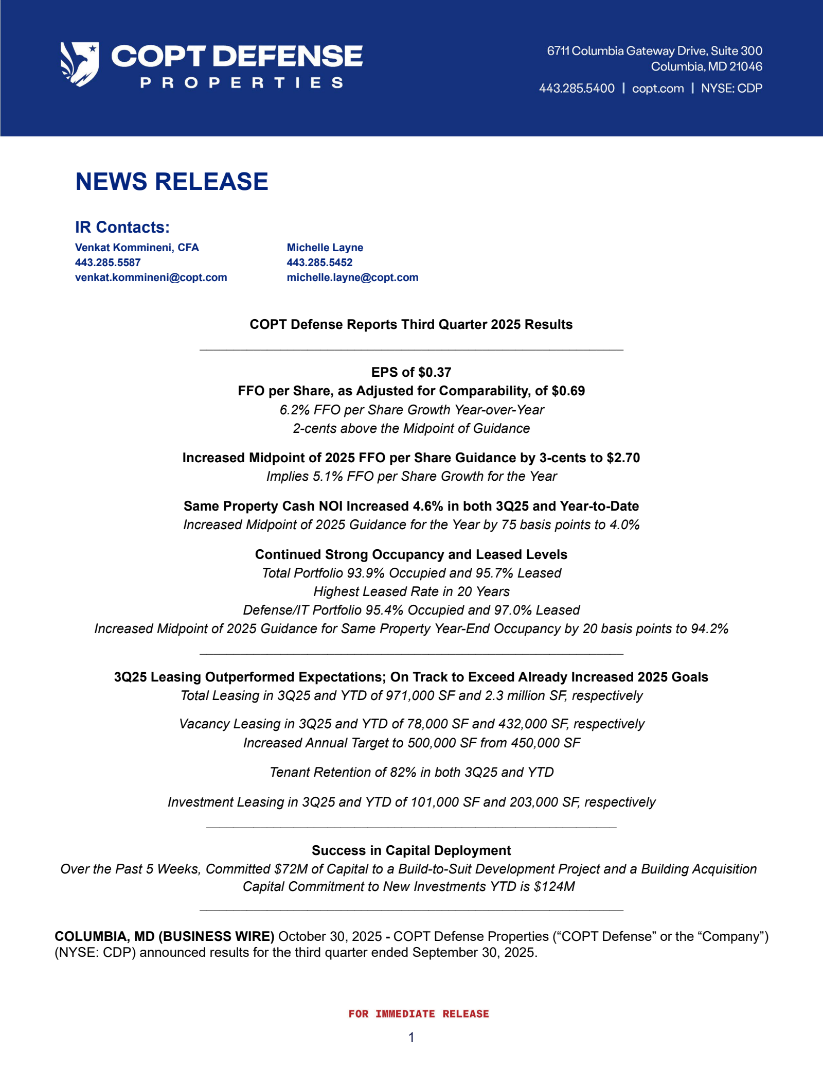 COPT Defense Properties' Q3 2025 Earnings Release