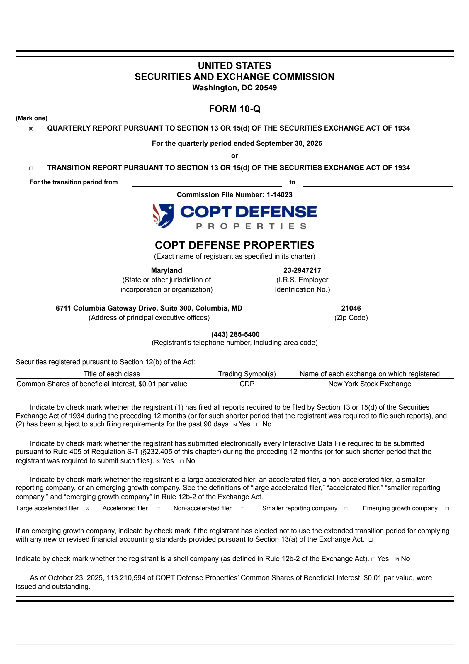 COPT Defense Properties' Q3 2025 Quarterly Report
