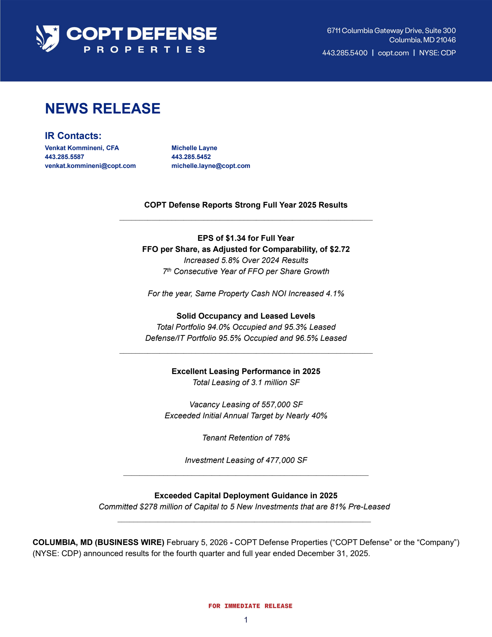 COPT Defense Properties' Q4 2025 Press Release