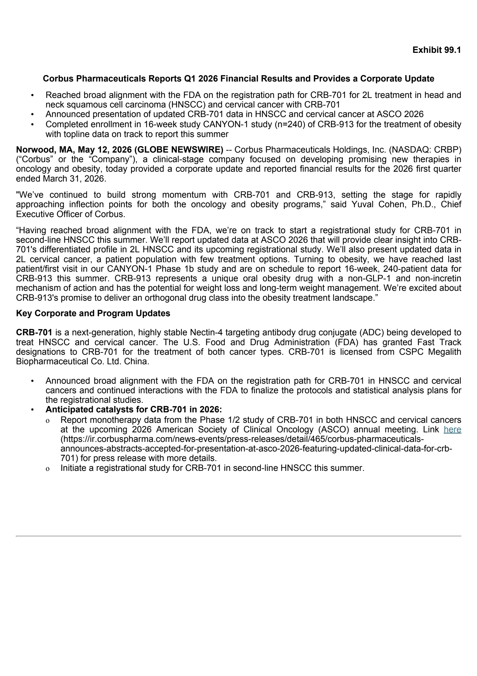 Corbus Pharmaceuticals' Q1 2026 Press Release