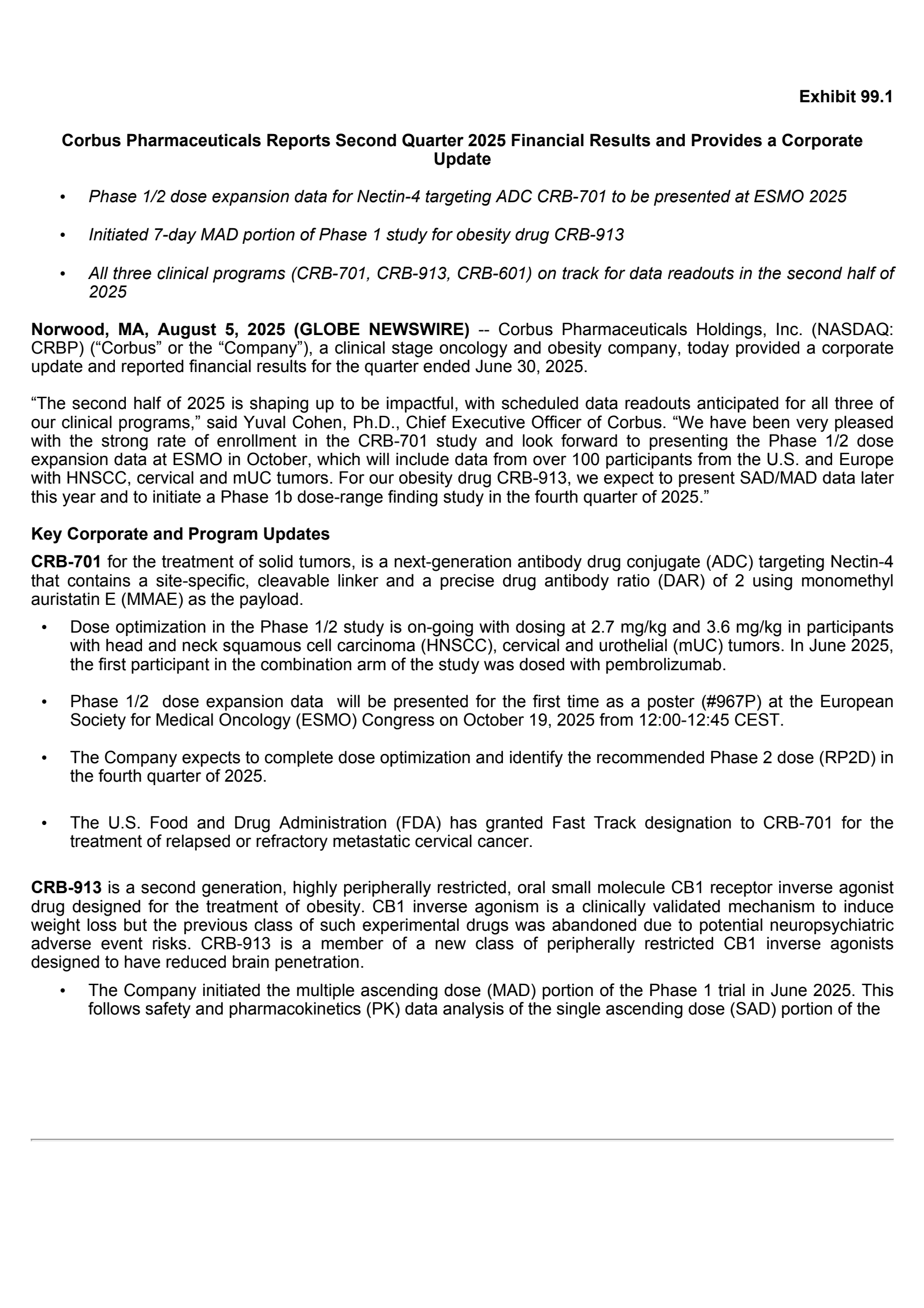 Corbus Pharmaceuticals' Q2 2025 Press Release