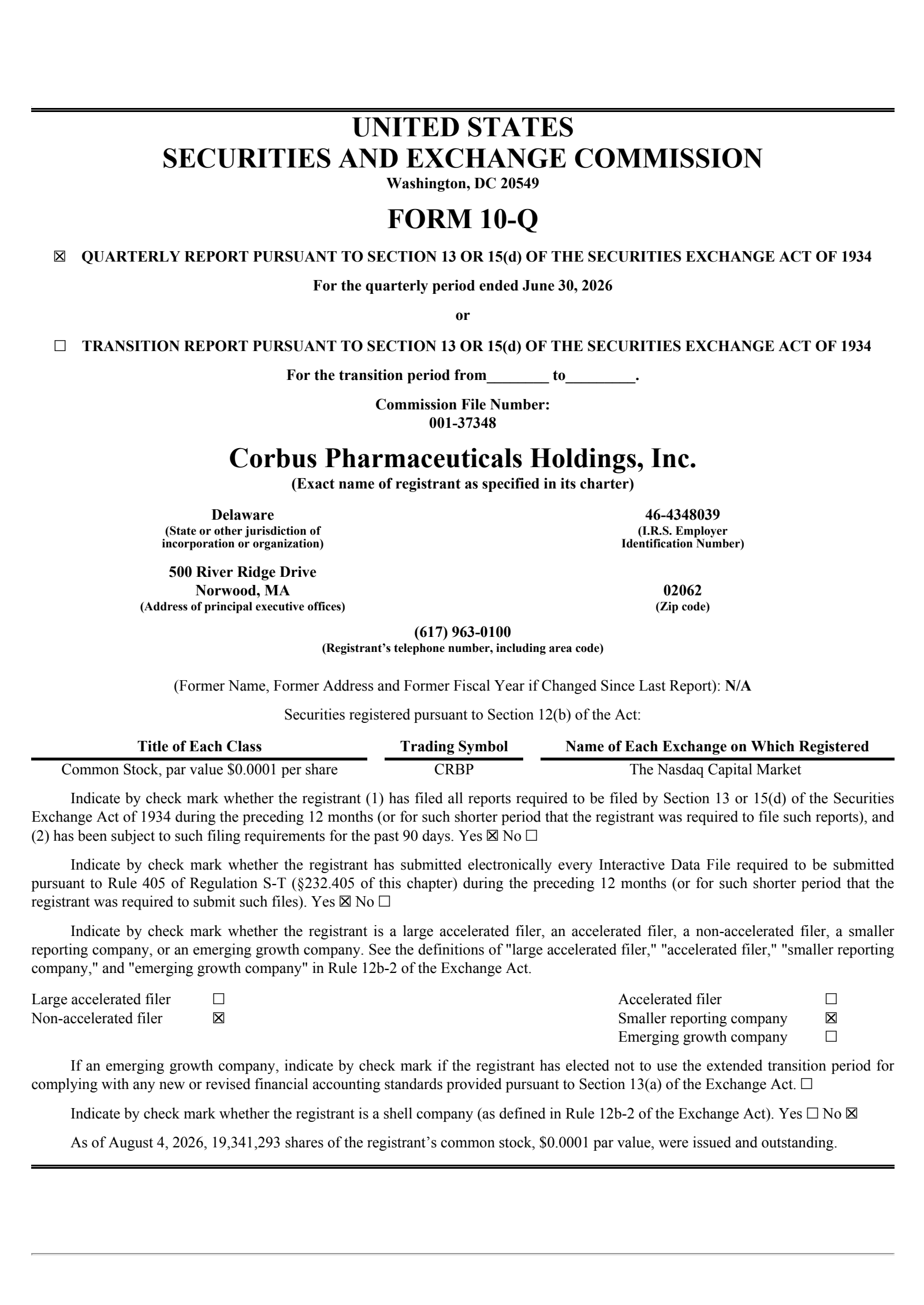 Corbus Pharmaceuticals' Q2 2026 Quarterly report