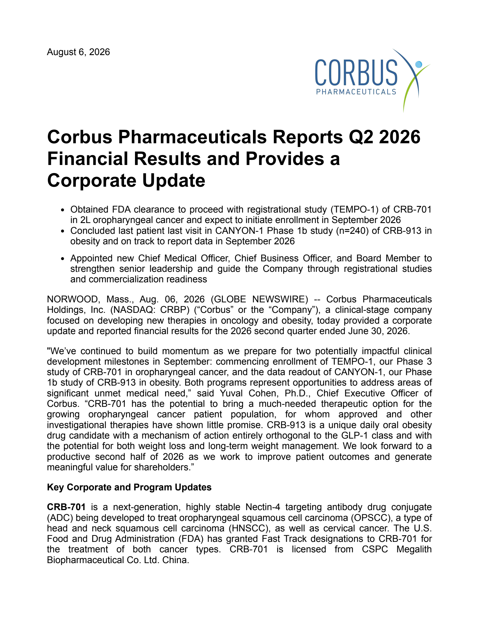 Corbus Pharmaceuticals' Q2 2026 Press Release
