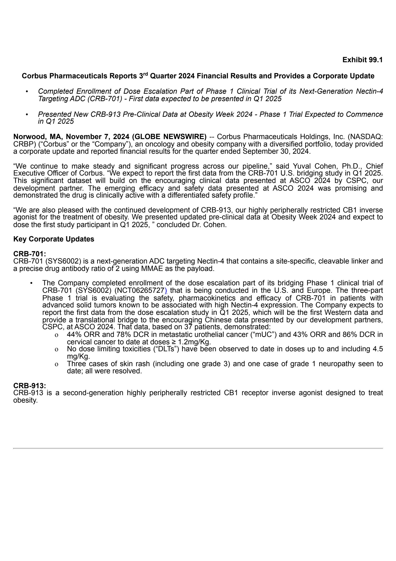 Corbus Pharmaceuticals' Q3 2024 Press Release