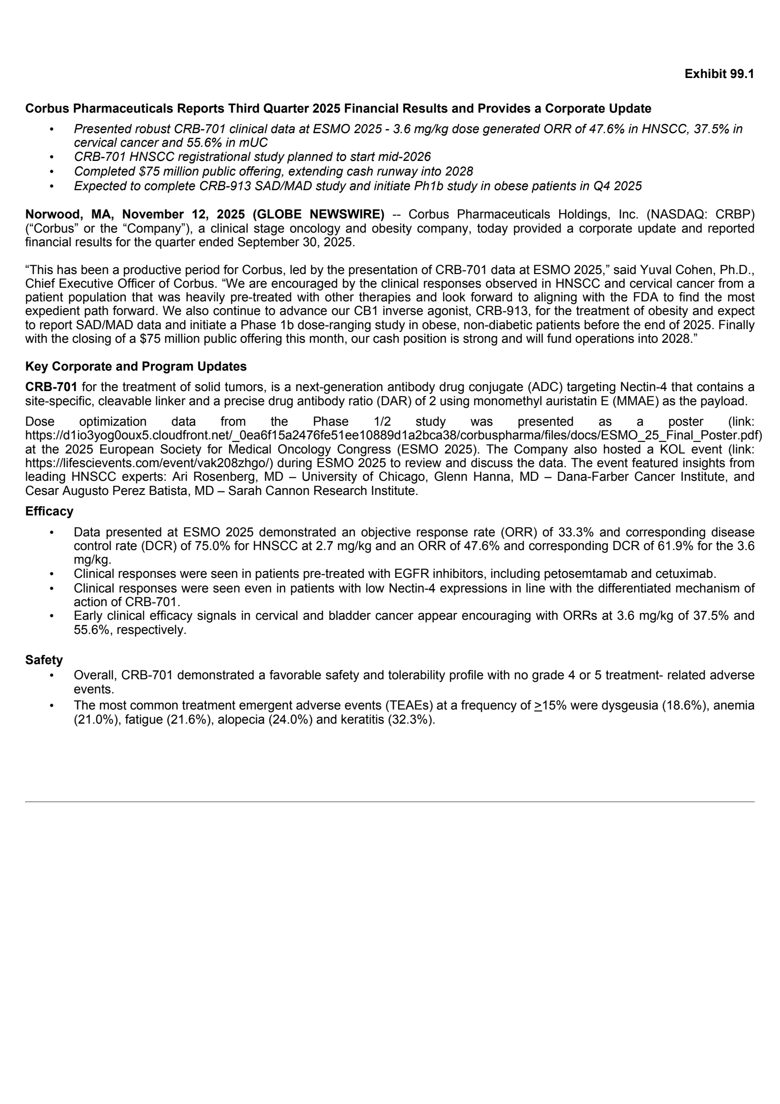 Corbus Pharmaceuticals' Q3 2025 Earnings Release