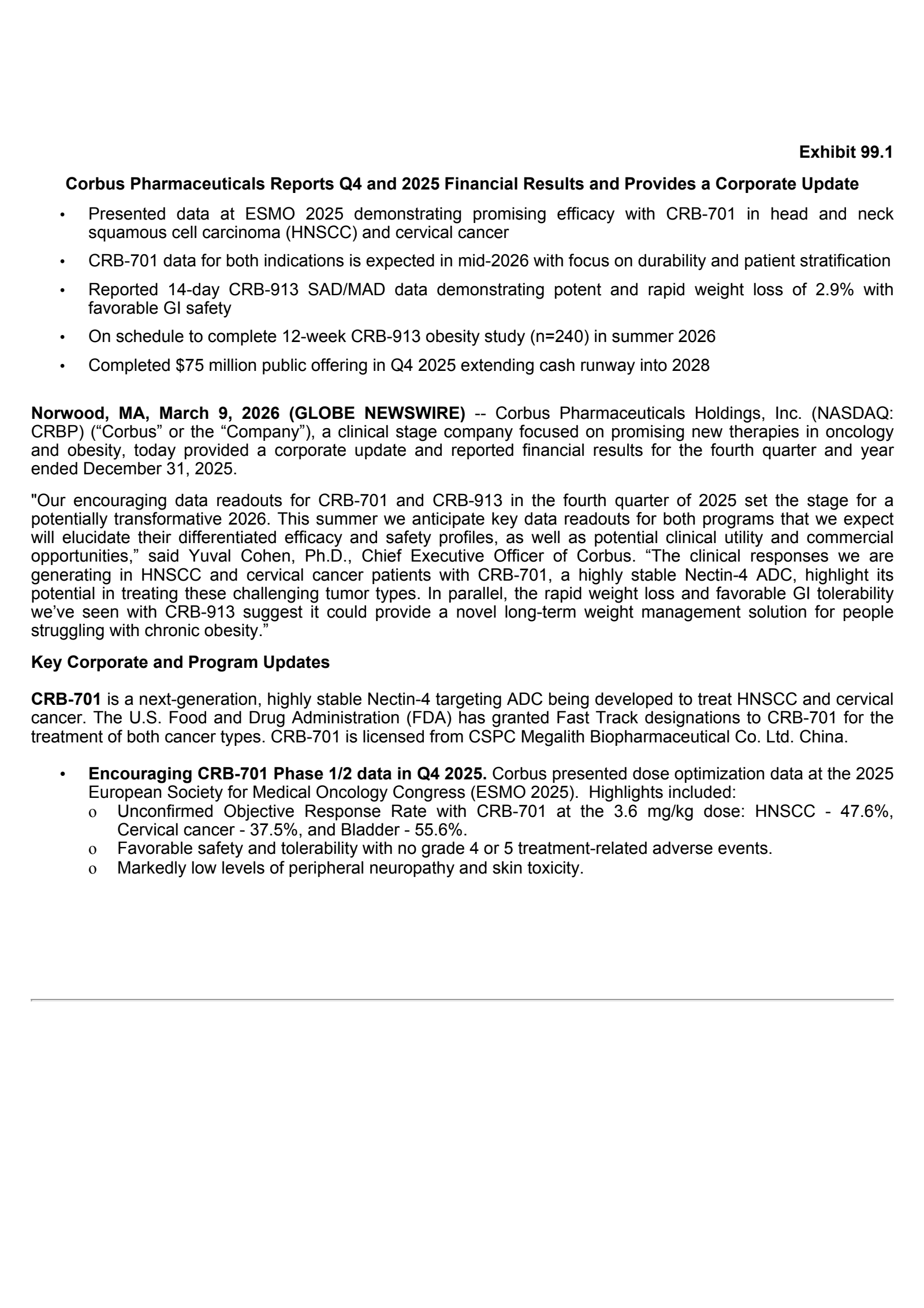 Corbus Pharmaceuticals' Q4 2025 Press Release