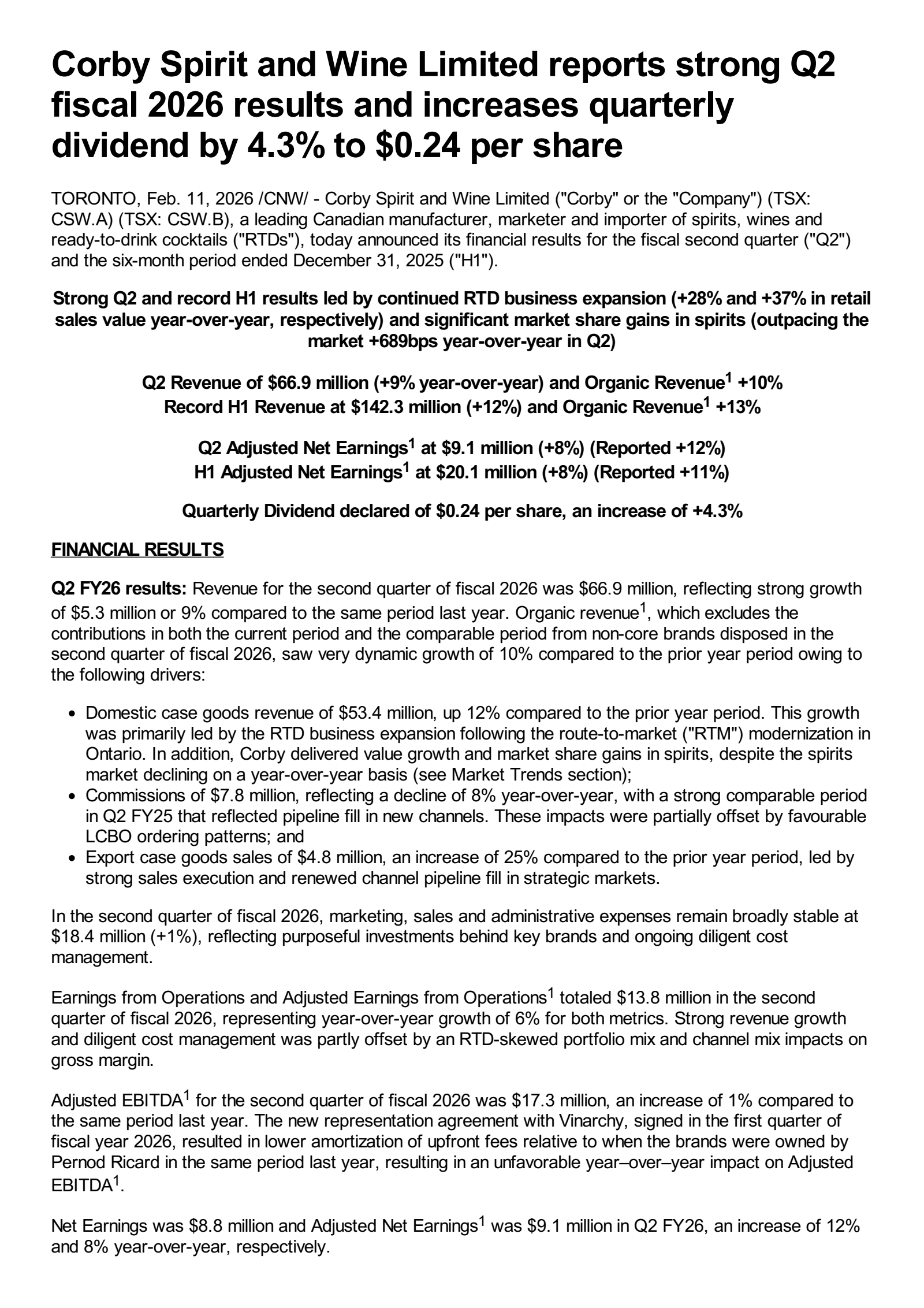 Corby Spirit and Wine's Q2 2026 Press Release