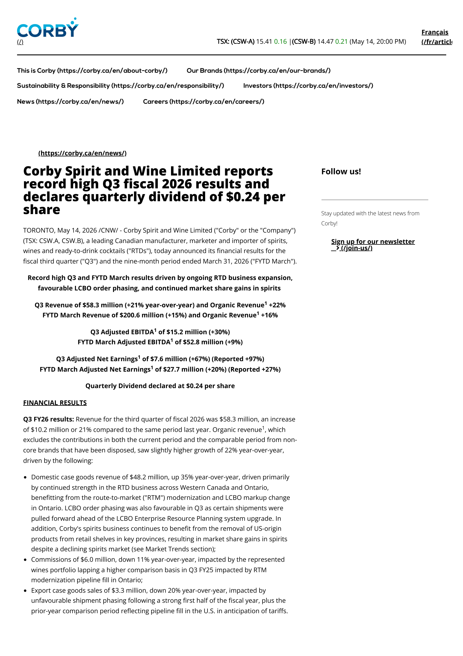 Corby Spirit and Wine's Q3 2026 Press Release