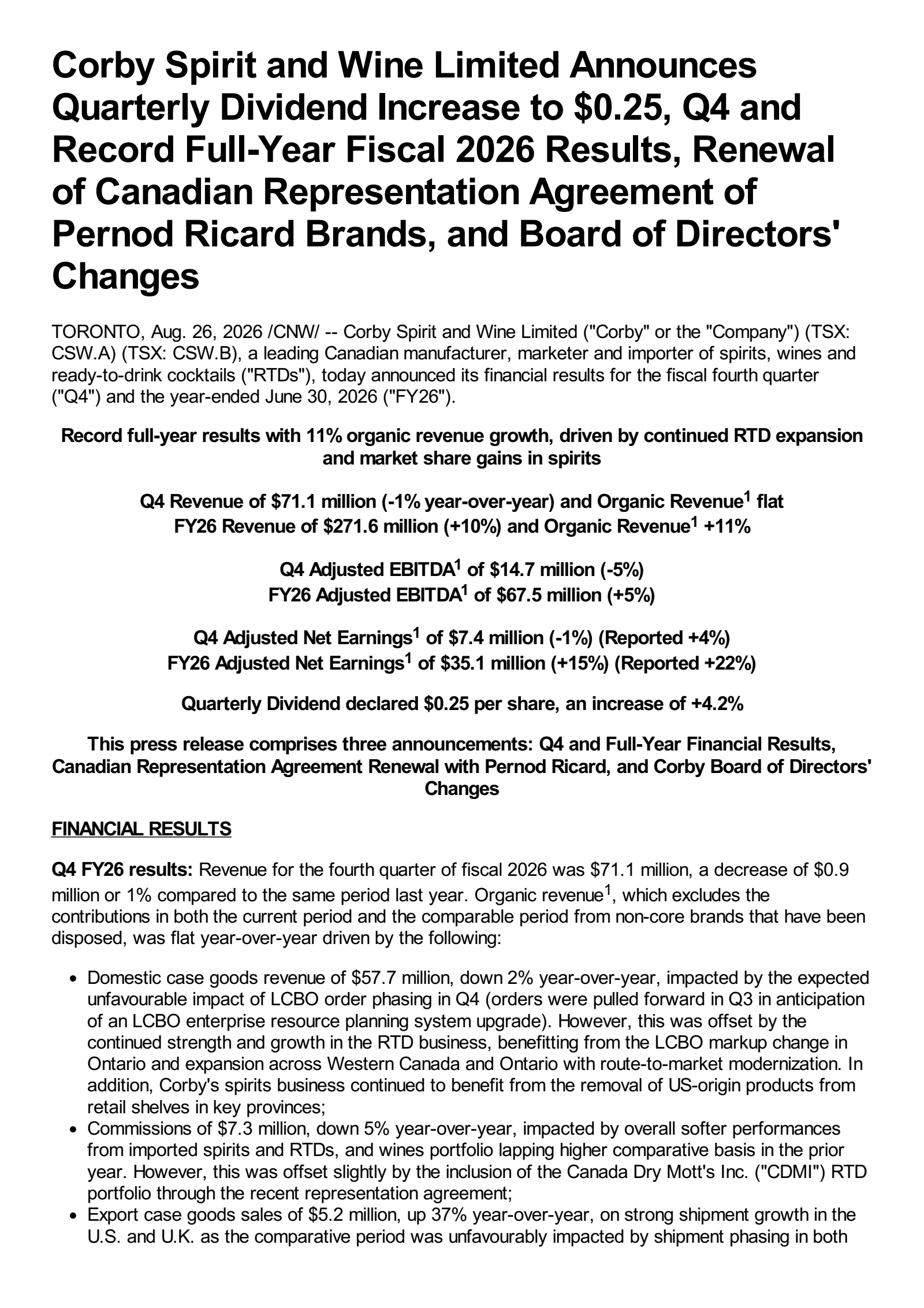 Corby Spirit and Wine's Q4 2026 Press Release