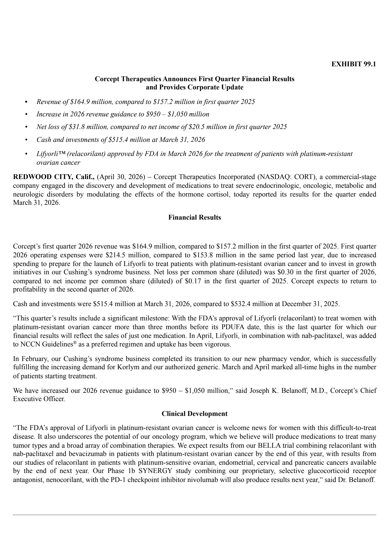Corcept Therapeutics' Q1 2026 Press Release