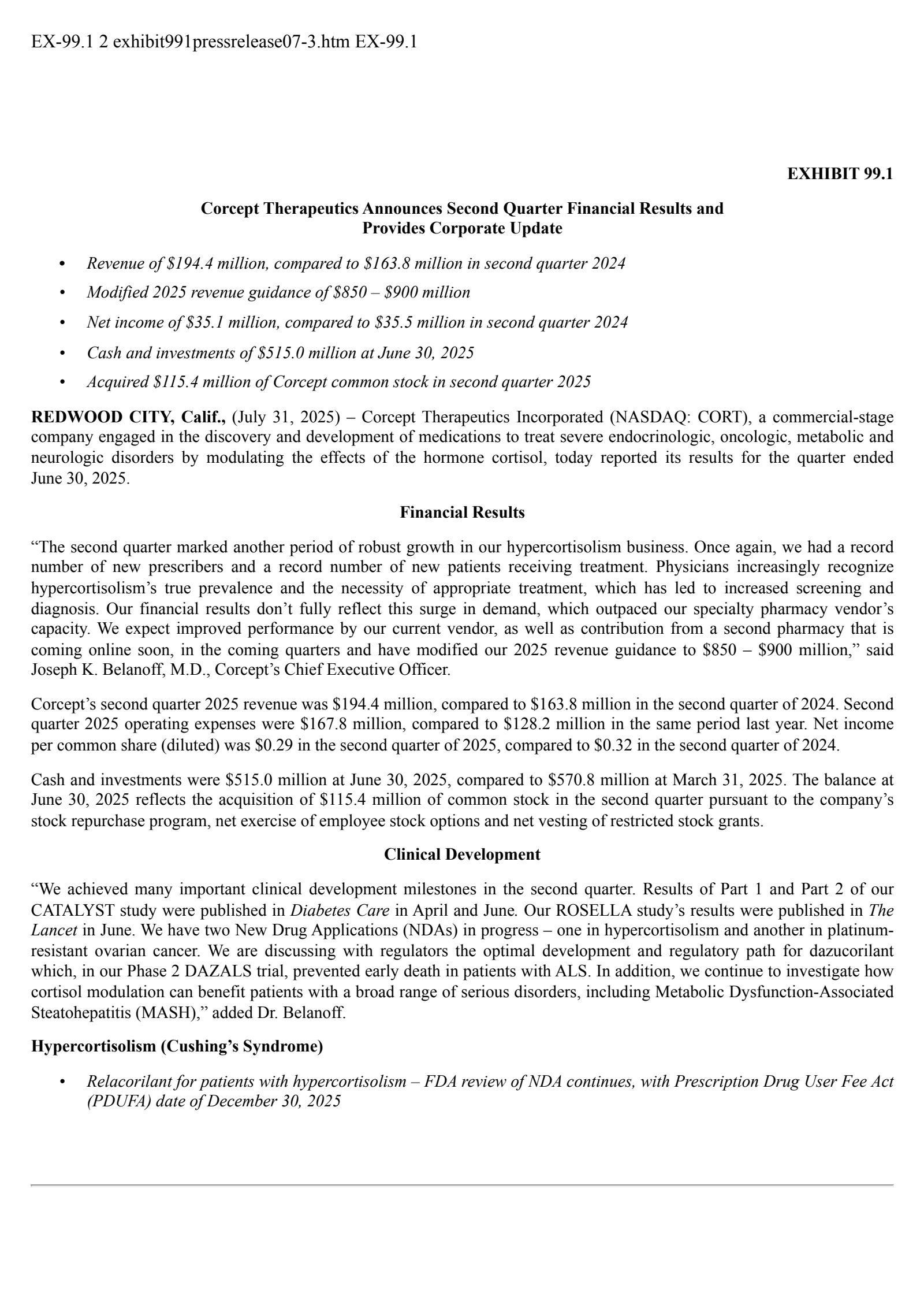Corcept Therapeutics' Q2 2025 Press Release