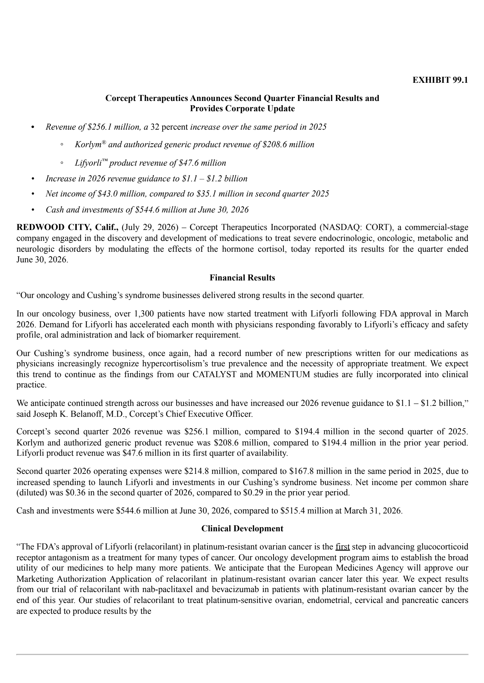 Corcept Therapeutics' Q2 2026 Press Release