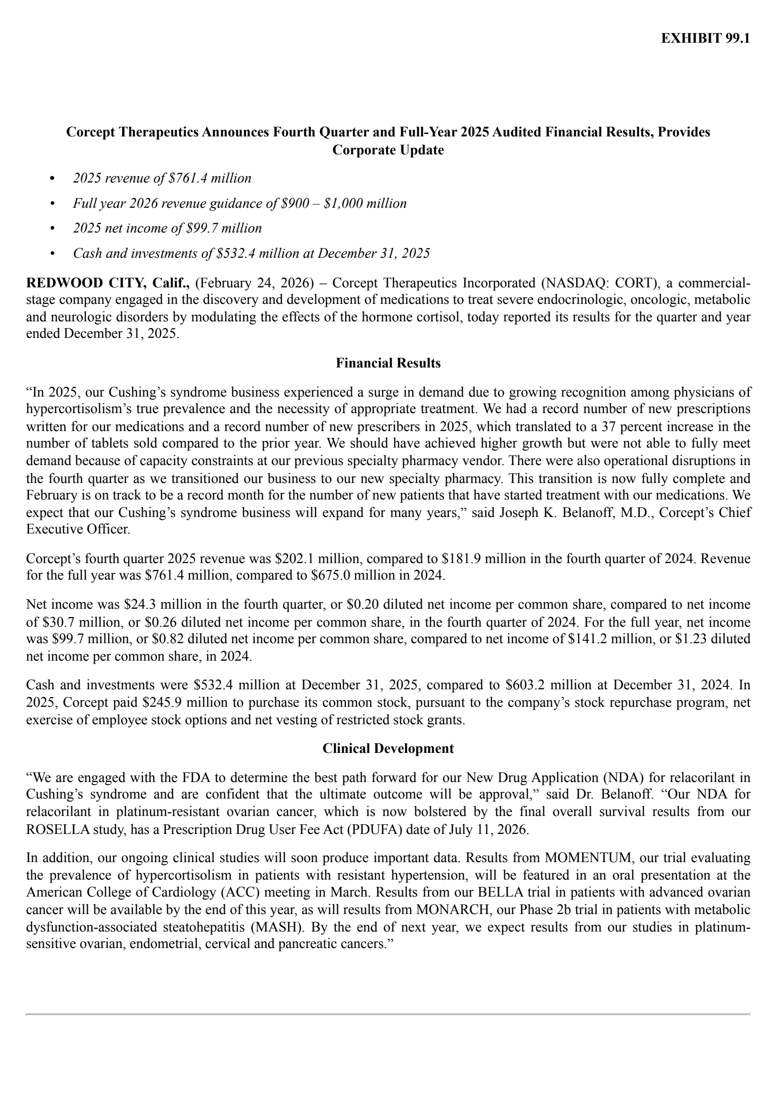 Corcept Therapeutics' Q4 2025 Press Release