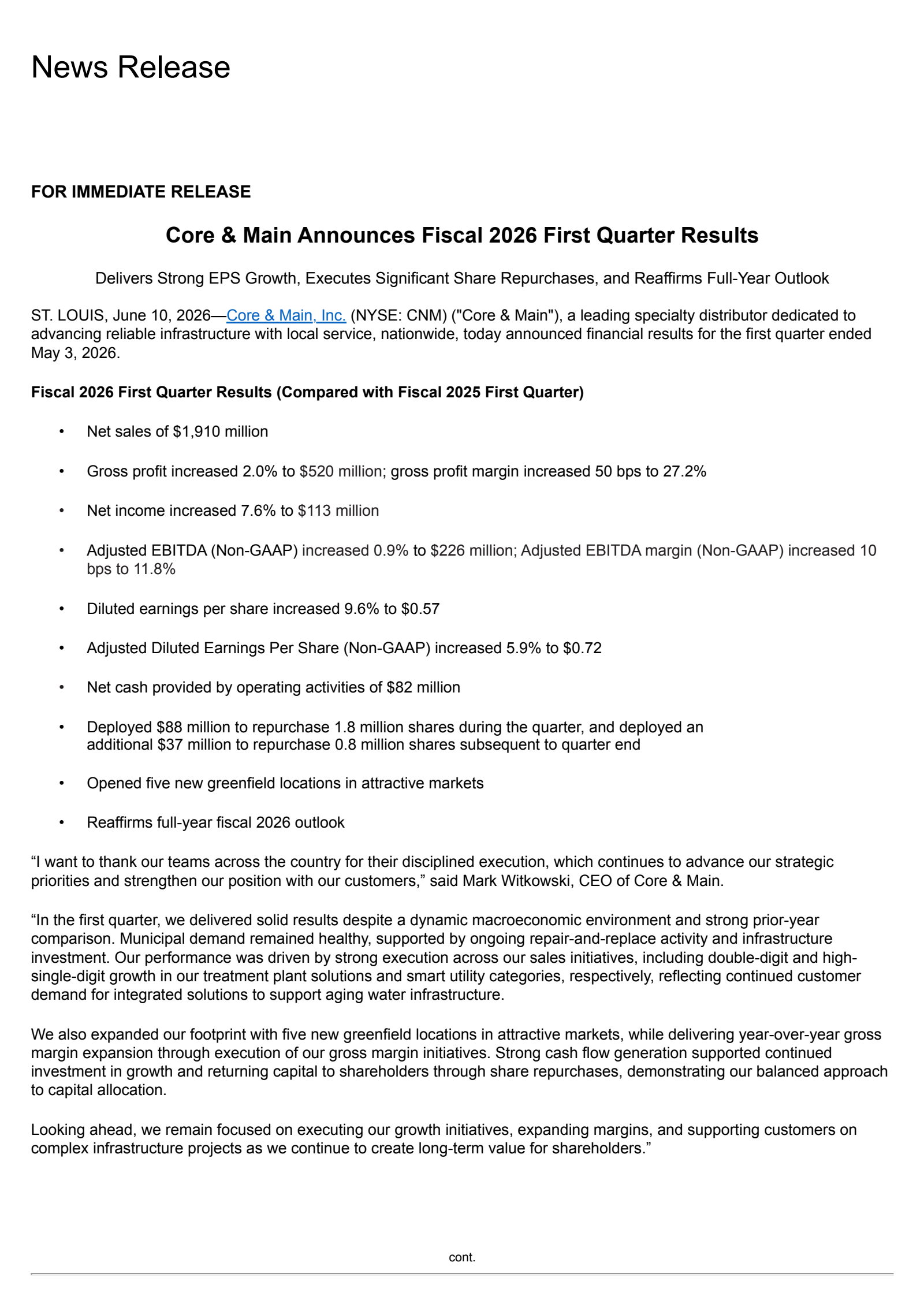Core & Main's Q1 2027 Press Release