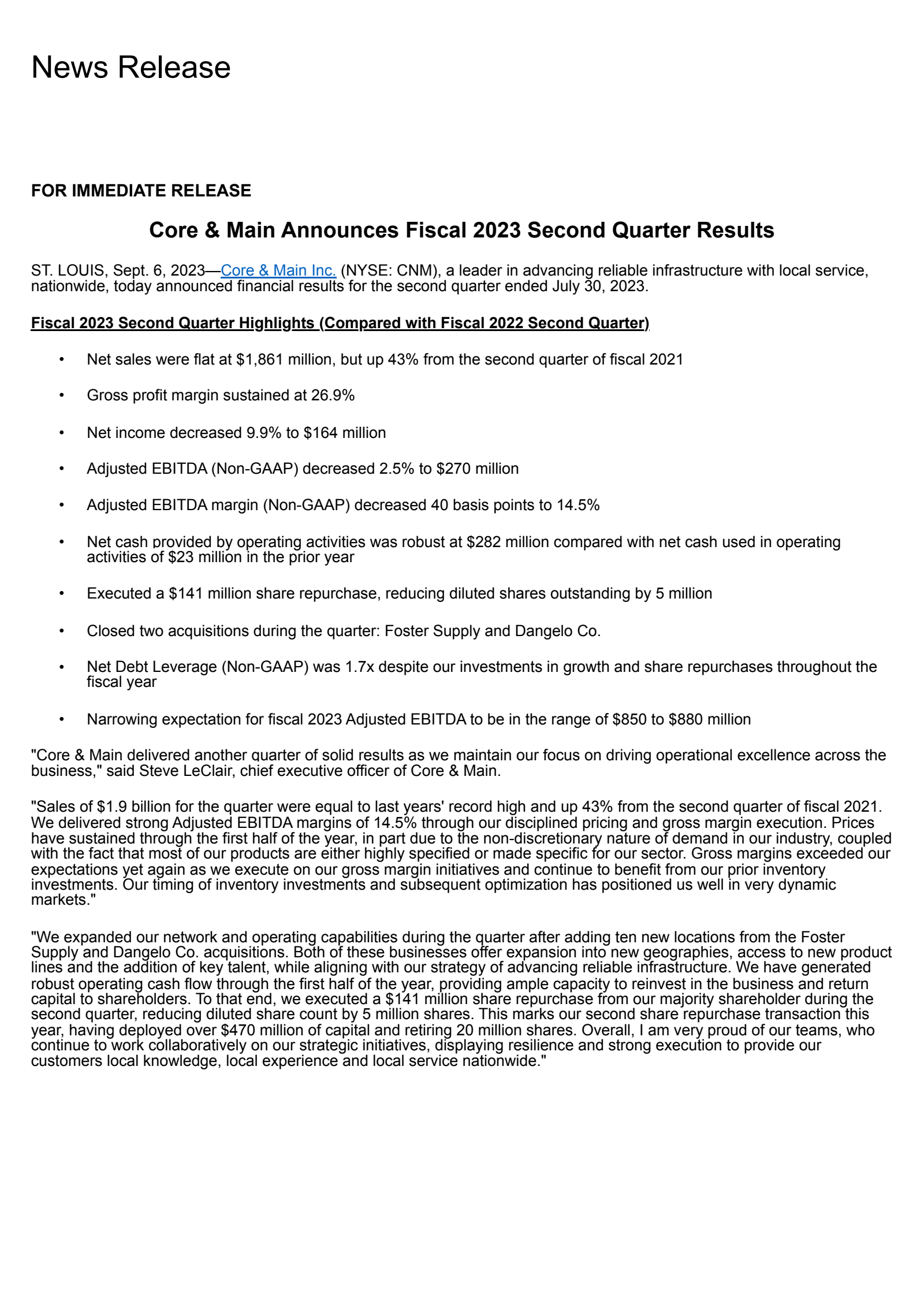 Core & Main's Q2 2024 Press Release