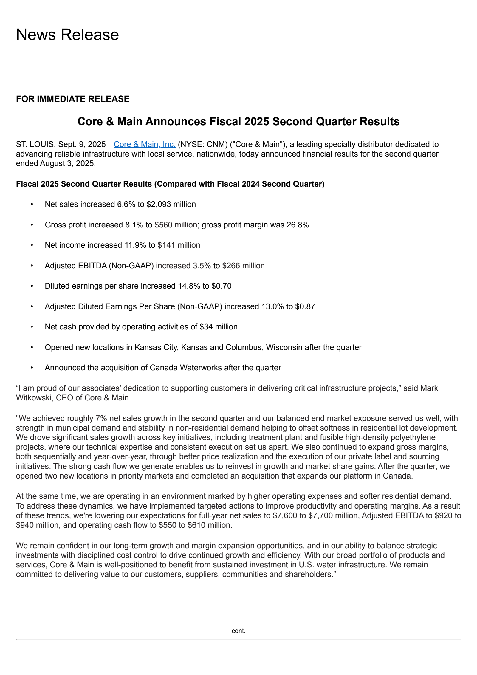 Core & Main's Q2 2026 Press Release