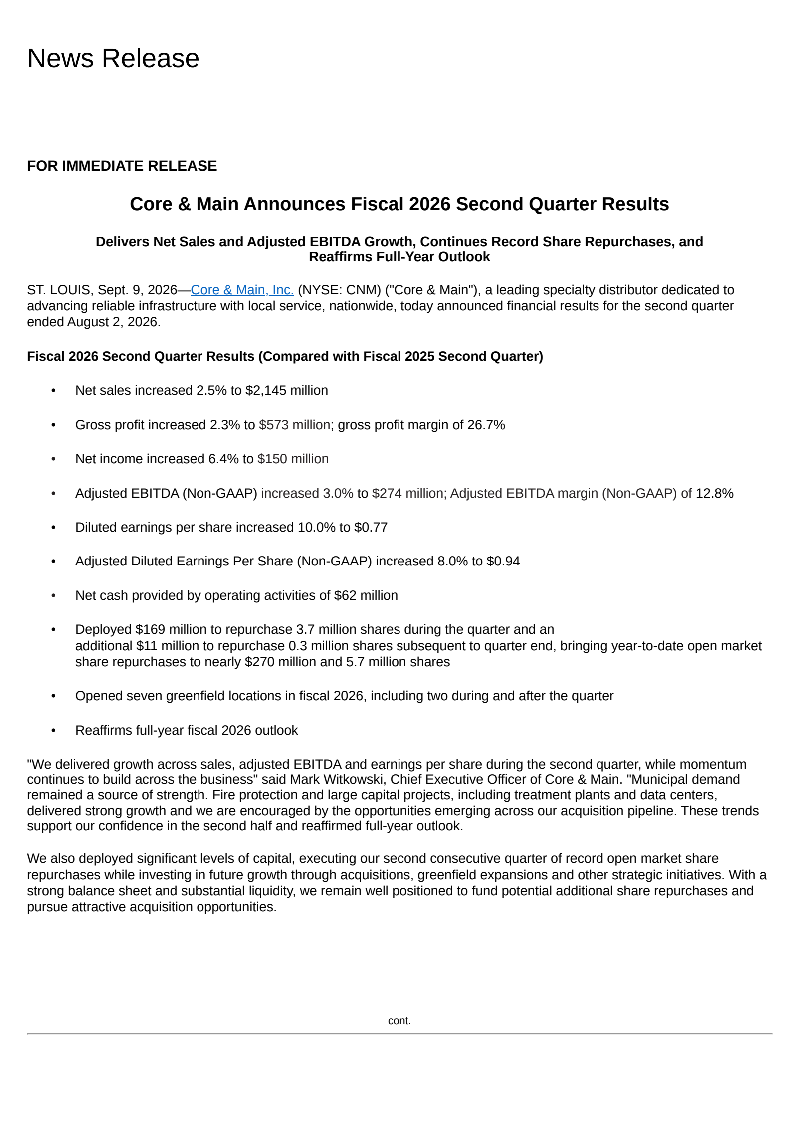 Core & Main's Q2 2027 Press Release